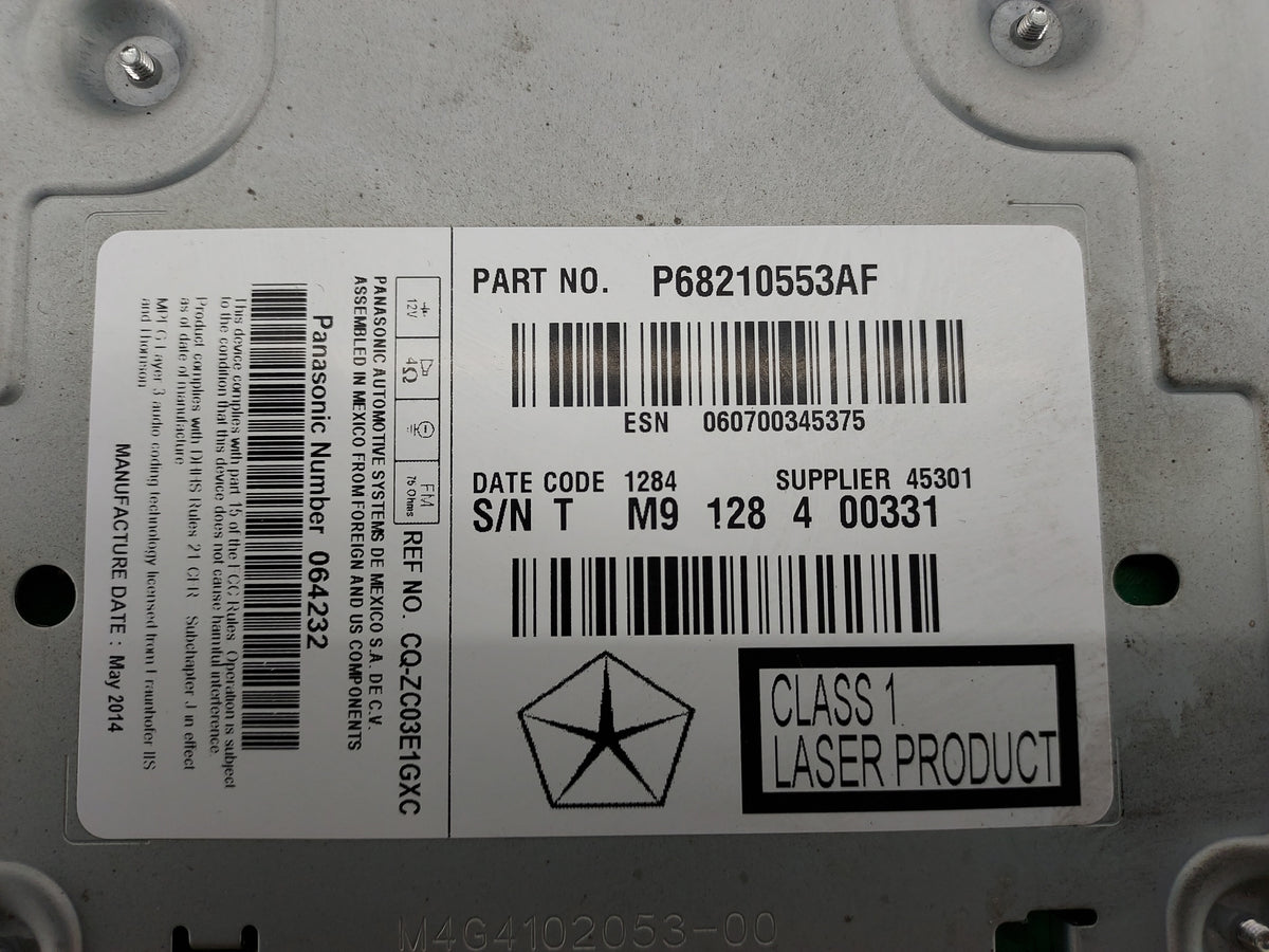 2014 Dodge Charger Radio AM FM Cd Player Receiver Replacement P/N:P68210553AF CQ-ZC03E1GXC Fits OEM Used Auto Parts - Oemuse