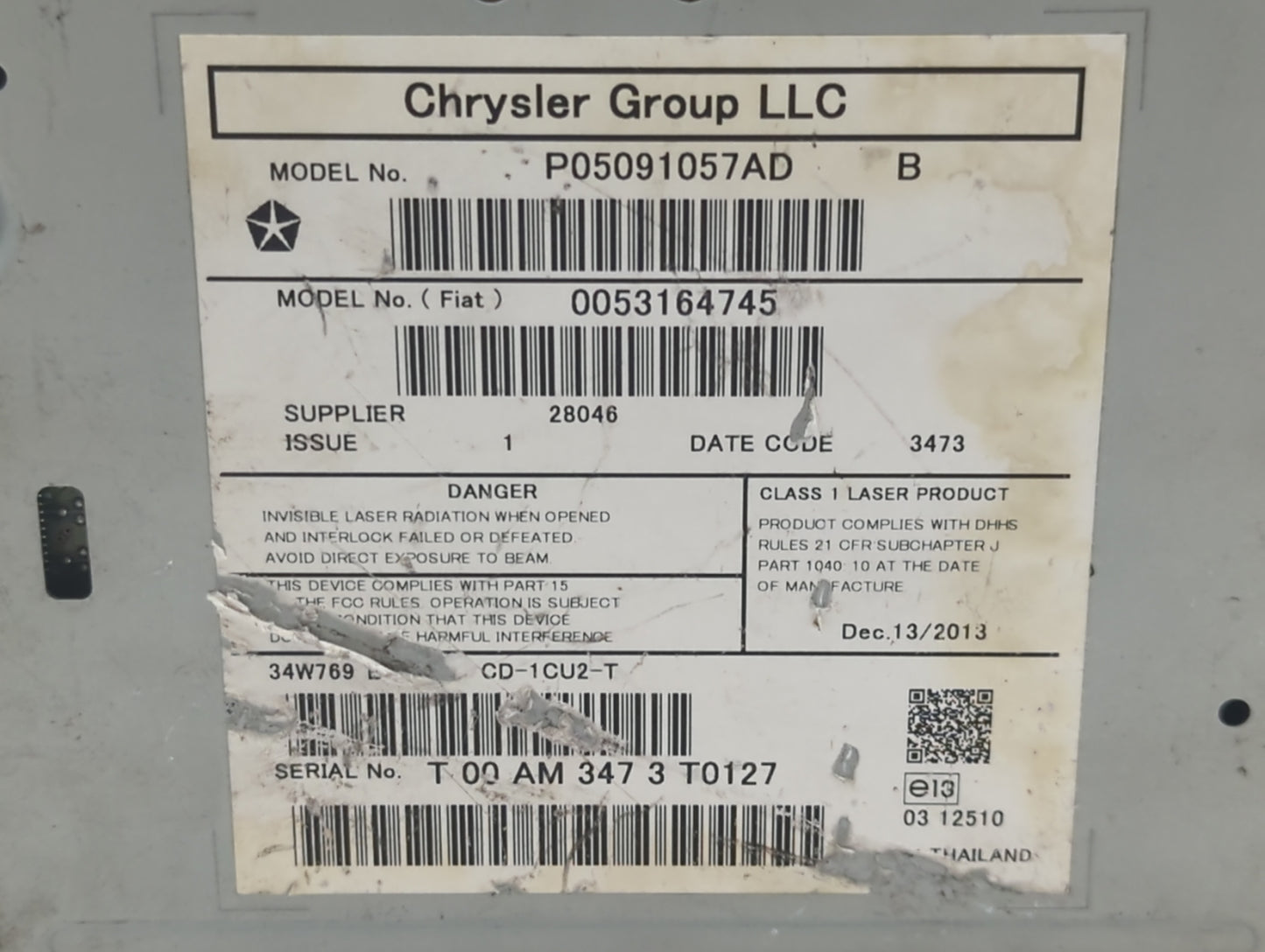 2013-2016 Dodge Dart Radio AM FM Cd Player Receiver Replacement P/N:P05091057AD Fits Fits 2013 2014 2015 2016 OEM Used Auto 