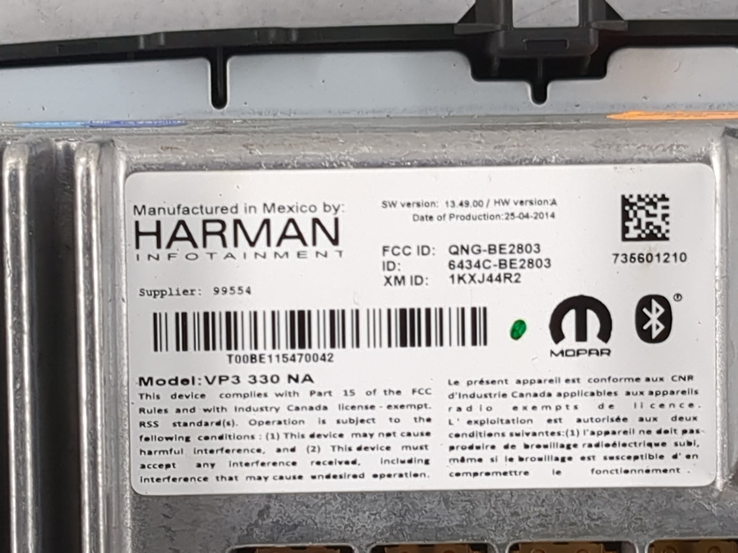 2014 Fiat 500 Radio AM FM Cd Player Receiver Replacement P/N:VP3 330 NA QNG-BE2803, 6434C-BE2803, T00BE115470042, 68282UC7 F