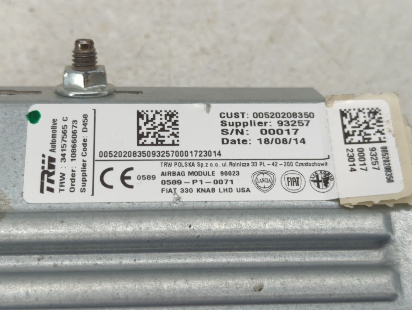 2014 Fiat 500 Air Bag Driver Left Knee OEM P/N:0589-P1-0071 Fits OEM Used Auto Parts - Oemusedautoparts1.com