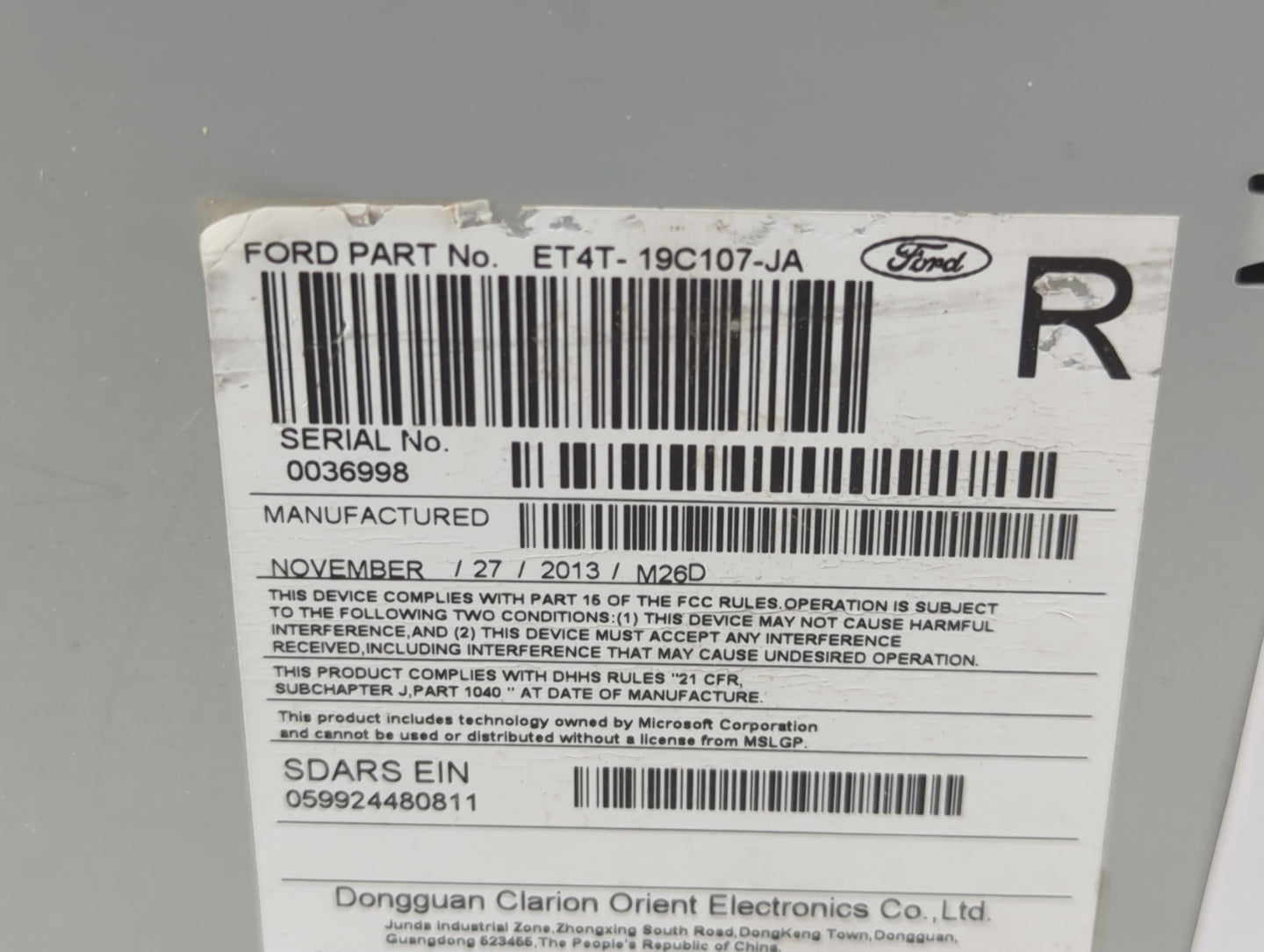 2014 Ford Edge Radio AM FM Cd Player Receiver Replacement P/N:ET4T-19C107-JA Fits OEM Used Auto Parts - Oemusedautoparts1.co