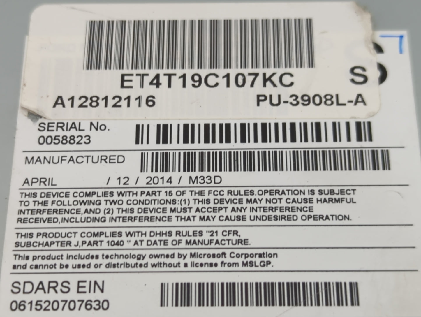 2014 Ford Edge Radio AM FM Cd Player Receiver Replacement P/N:ET4T19C107KC Fits OEM Used Auto Parts - Oemusedautoparts1.com