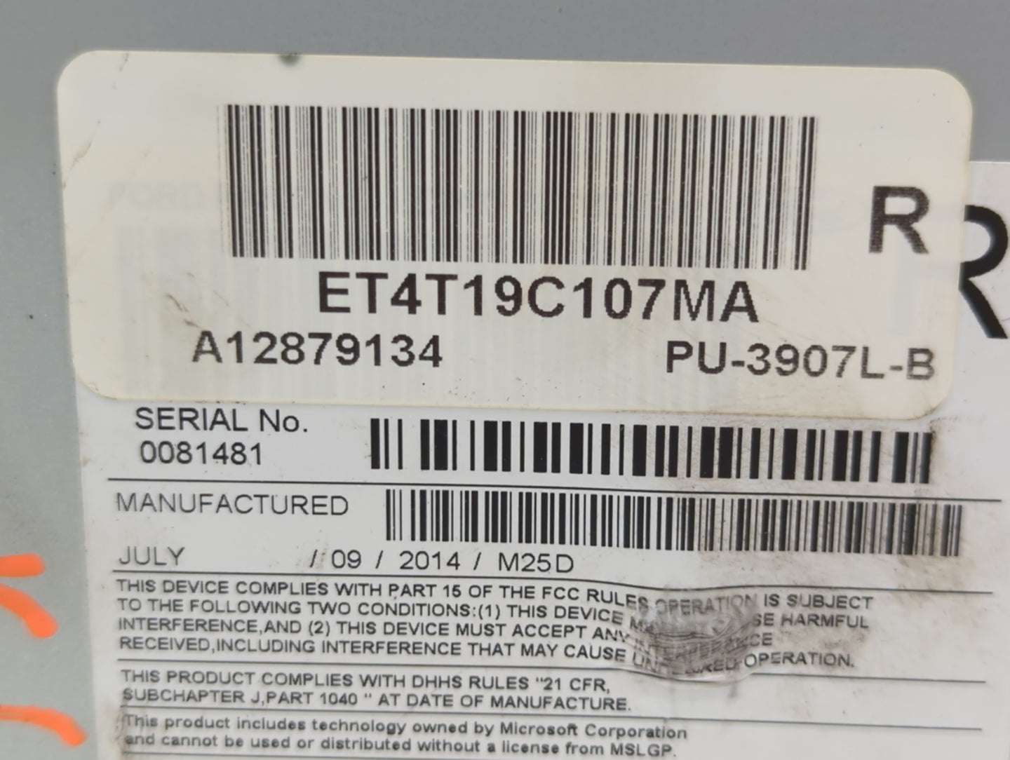 2013-2015 Ford Edge Radio AM FM Cd Player Receiver Replacement P/N:ET4T19C107MA A12879134 Fits Fits 2013 2014 2015 OEM Used 