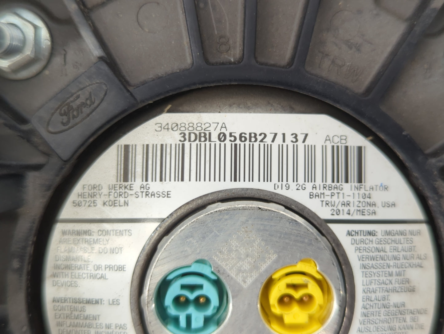 2013-2014 Ford Escape Air Bag Driver Left Steering Wheel Mounted P/N:34088827A 3DBL056B27137 Fits Fits 2013 2014 OEM Used Au