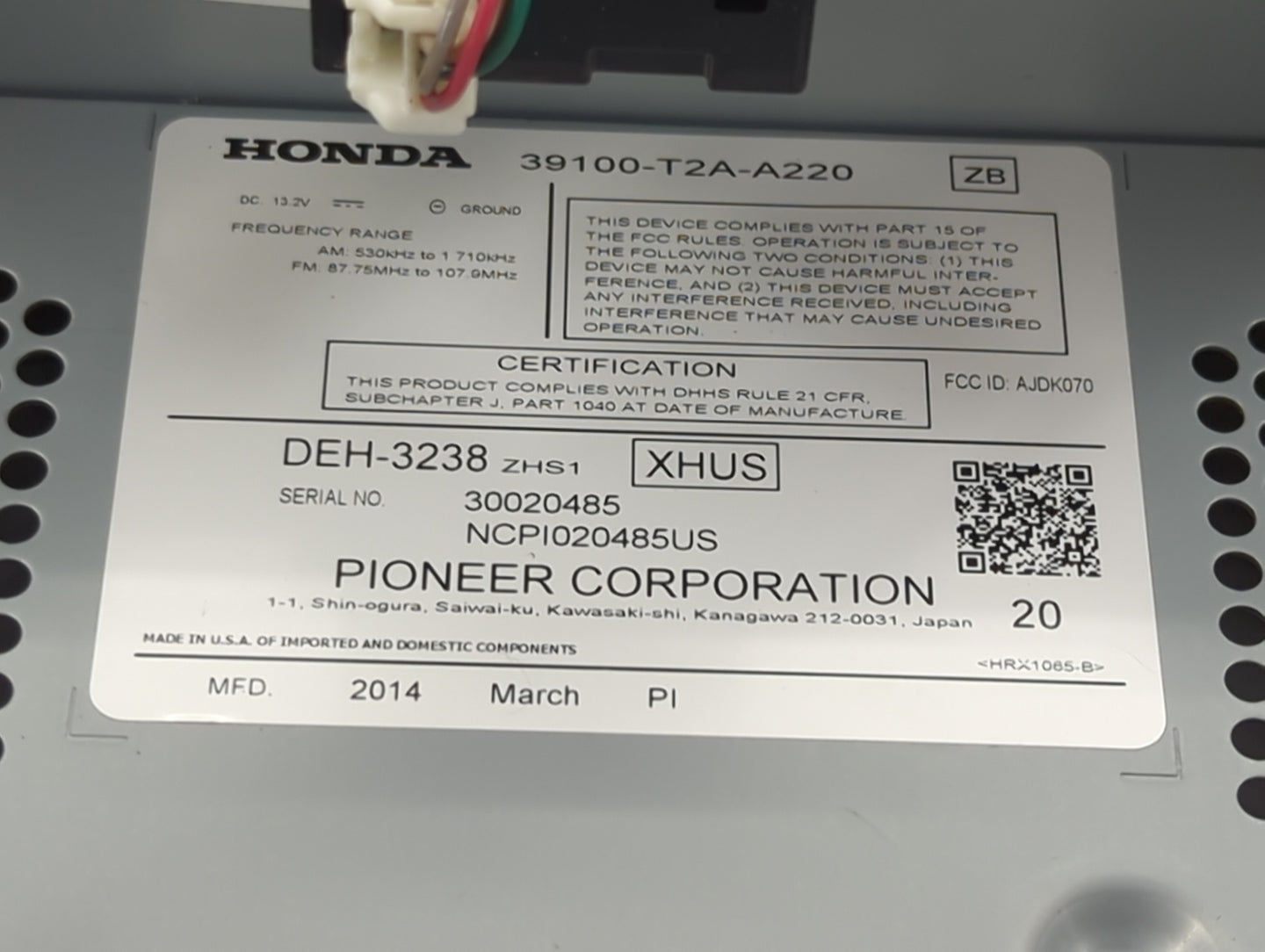 2014 Honda Accord Radio AM FM Cd Player Receiver Replacement P/N:39100-T2A-A220 Fits OEM Used Auto Parts - Oemusedautoparts1