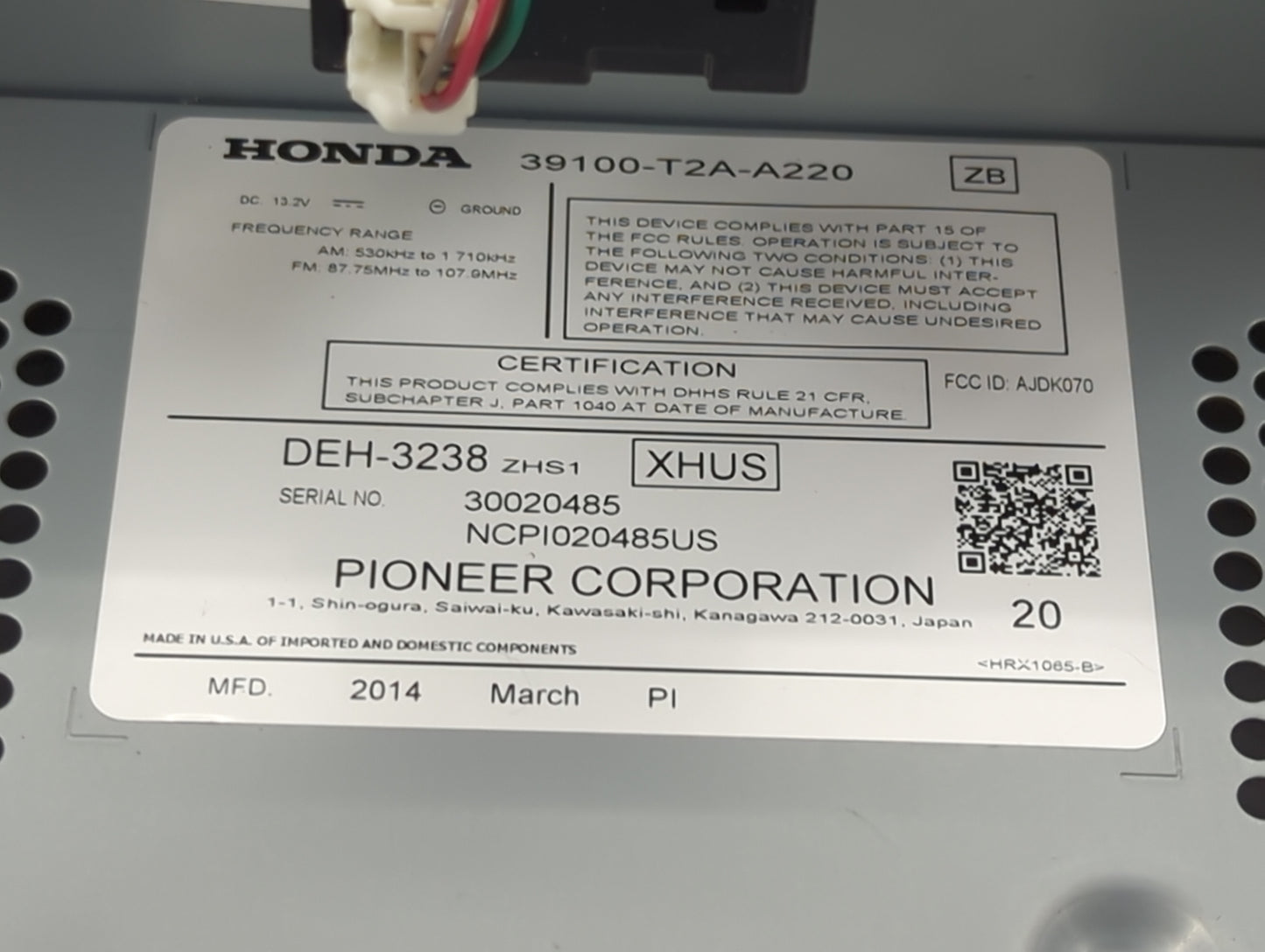 2014 Honda Accord Radio AM FM Cd Player Receiver Replacement P/N:39100-T2A-A220 Fits OEM Used Auto Parts - Oemusedautoparts1