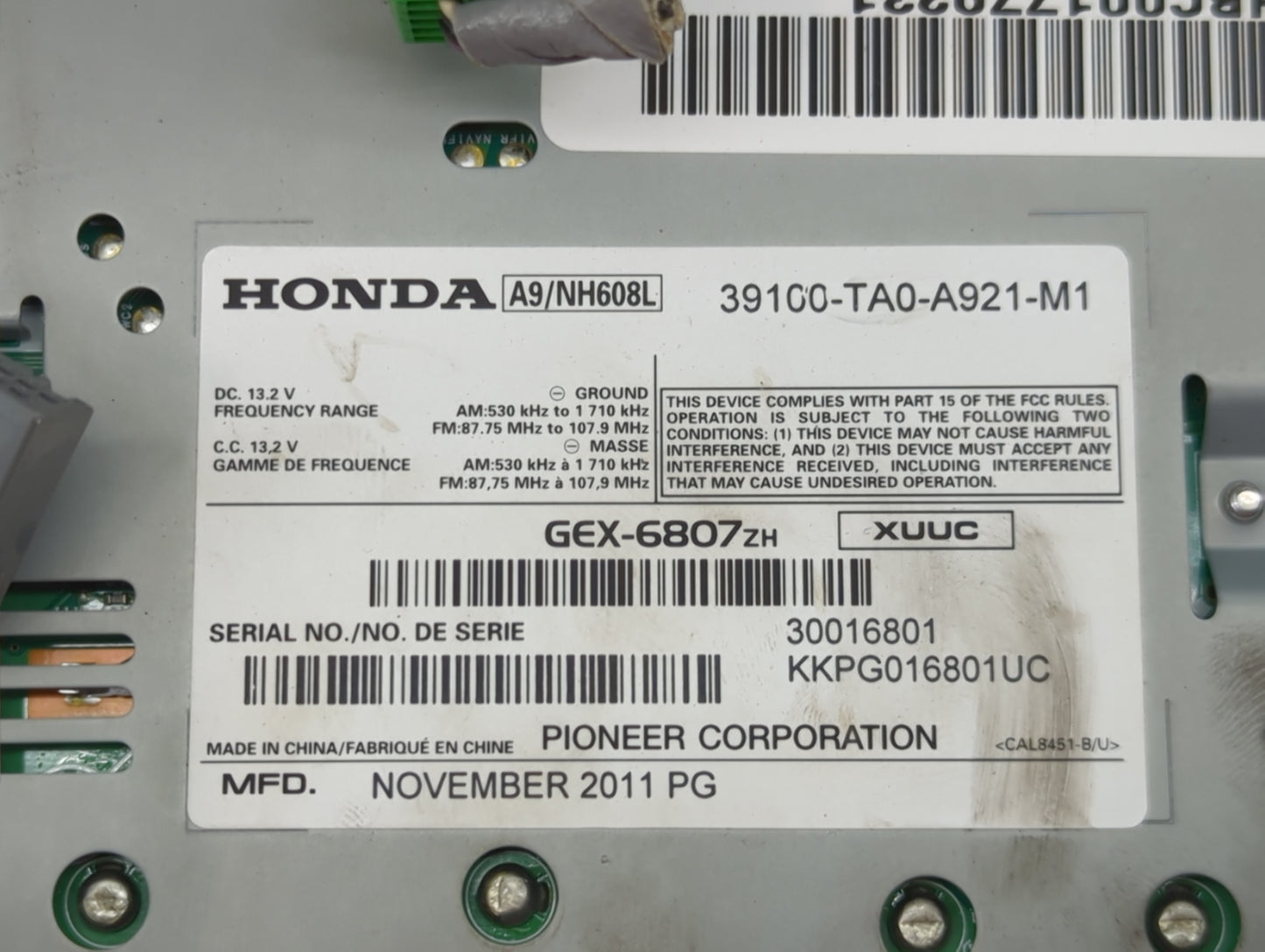 2013-2015 Honda Accord Radio AM FM Cd Player Receiver Replacement P/N:39100-TA0-A921-M1 GEX-6807ZH Fits Fits 2013 2014 2015 