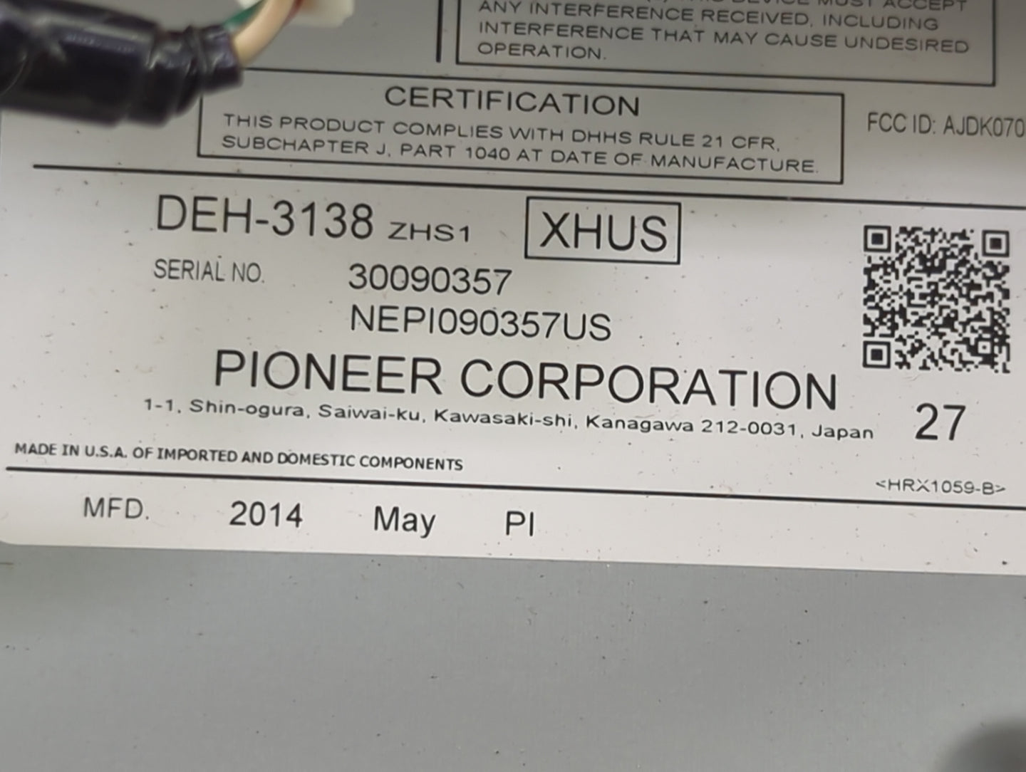 2013-2015 Honda Accord Radio AM FM Cd Player Receiver Replacement P/N:DEH-3138 NEPI090357US, AJDK070 Fits Fits 2013 2014 201