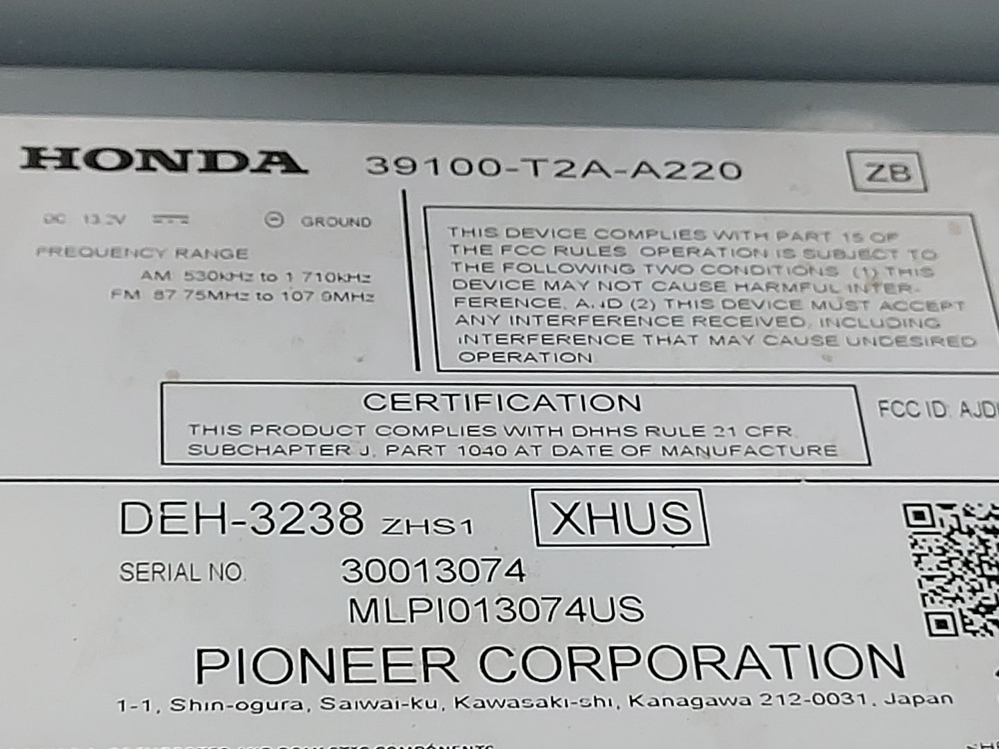 2013-2015 Honda Accord Radio AM FM Cd Player Receiver Replacement P/N:39100-T2A-A220 DEH-3238 Fits Fits 2013 2014 2015 OEM U