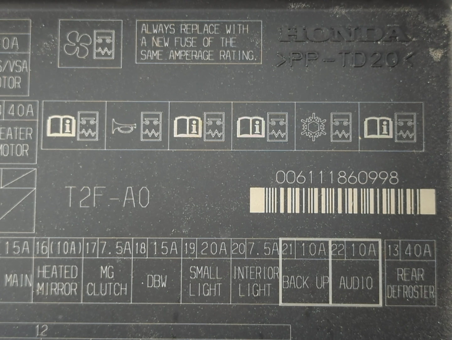 2014 Honda Accord Fusebox Fuse Box Panel Relay Module P/N:006111860998 PP-TD20, T2F-A0 Fits OEM Used Auto Parts - Oemusedaut