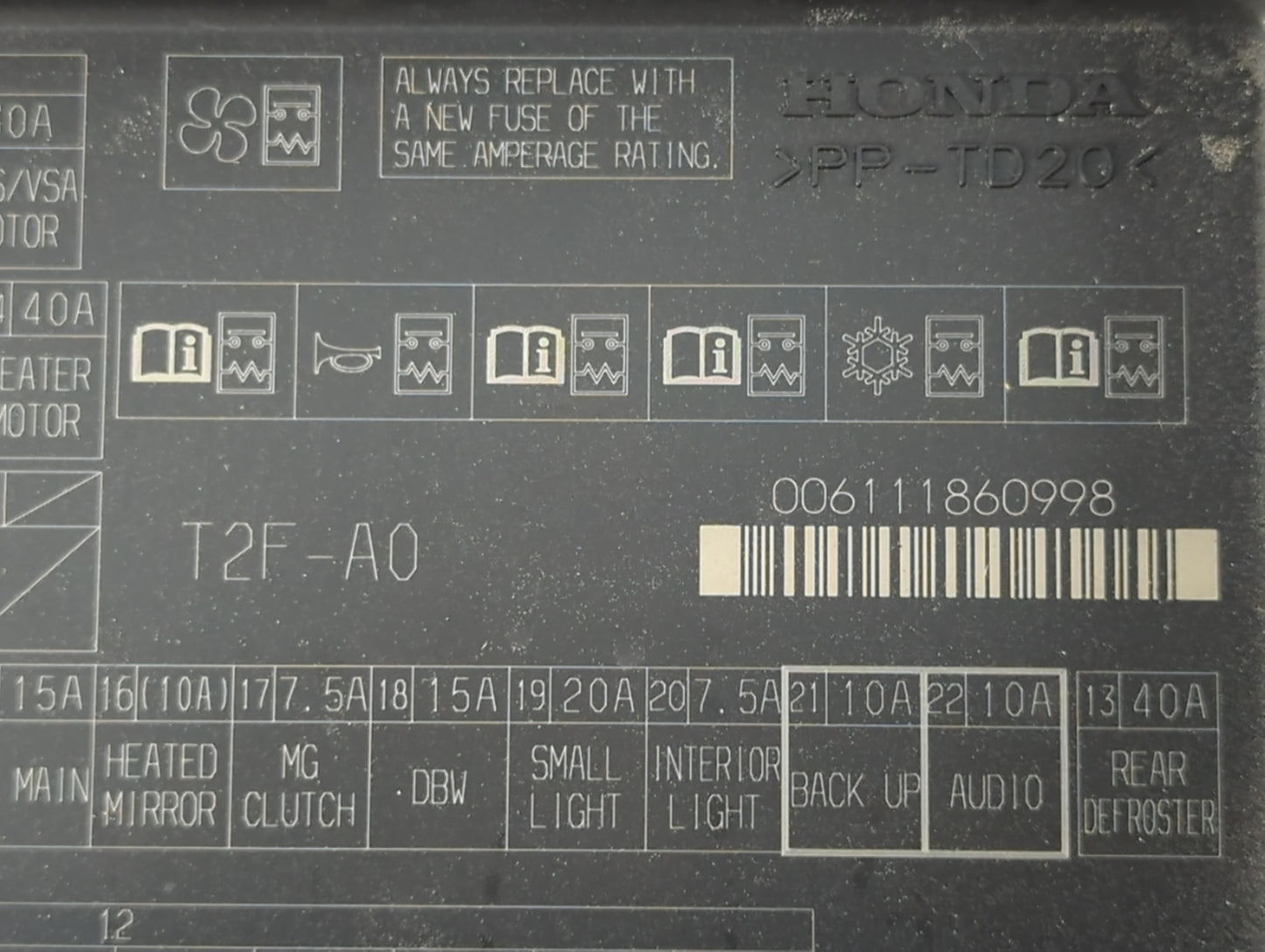2014 Honda Accord Fusebox Fuse Box Panel Relay Module P/N:006111860998 PP-TD20, T2F-A0 Fits OEM Used Auto Parts - Oemusedaut
