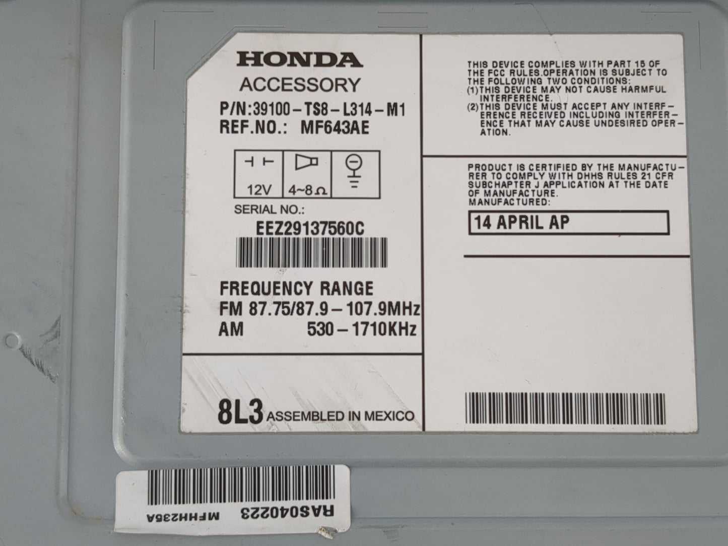 2014-2015 Honda Civic Radio AM FM Cd Player Receiver Replacement P/N:39100-TS8-L314-M1 Fits Fits 2014 2015 OEM Used Auto Par