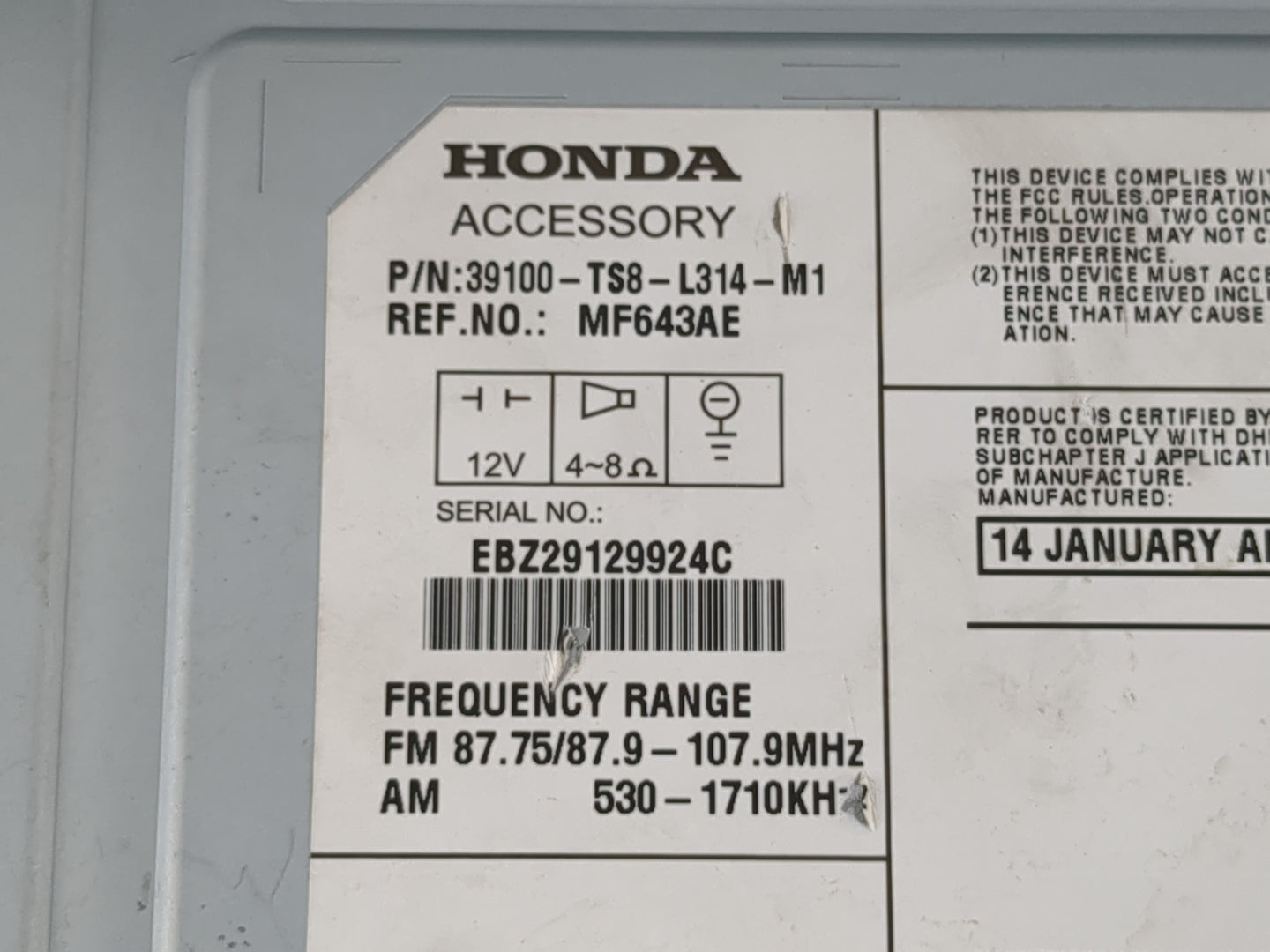 2014-2015 Honda Civic Radio AM FM Cd Player Receiver Replacement P/N:39100-TS8-L314-M1 Fits Fits 2014 2015 OEM Used Auto Par