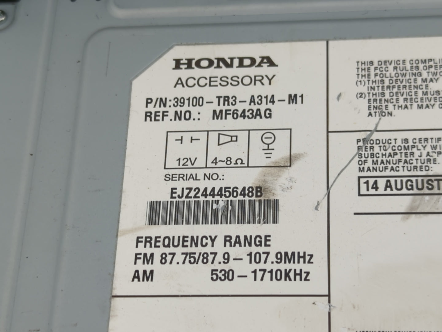 2013-2015 Honda Civic Radio AM FM Cd Player Receiver Replacement P/N:39100-TR3-A314-M1 Fits Fits 2013 2014 2015 OEM Used Aut
