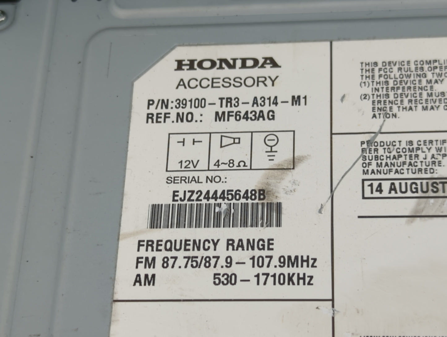 2013-2015 Honda Civic Radio AM FM Cd Player Receiver Replacement P/N:39100-TR3-A314-M1 Fits Fits 2013 2014 2015 OEM Used Aut