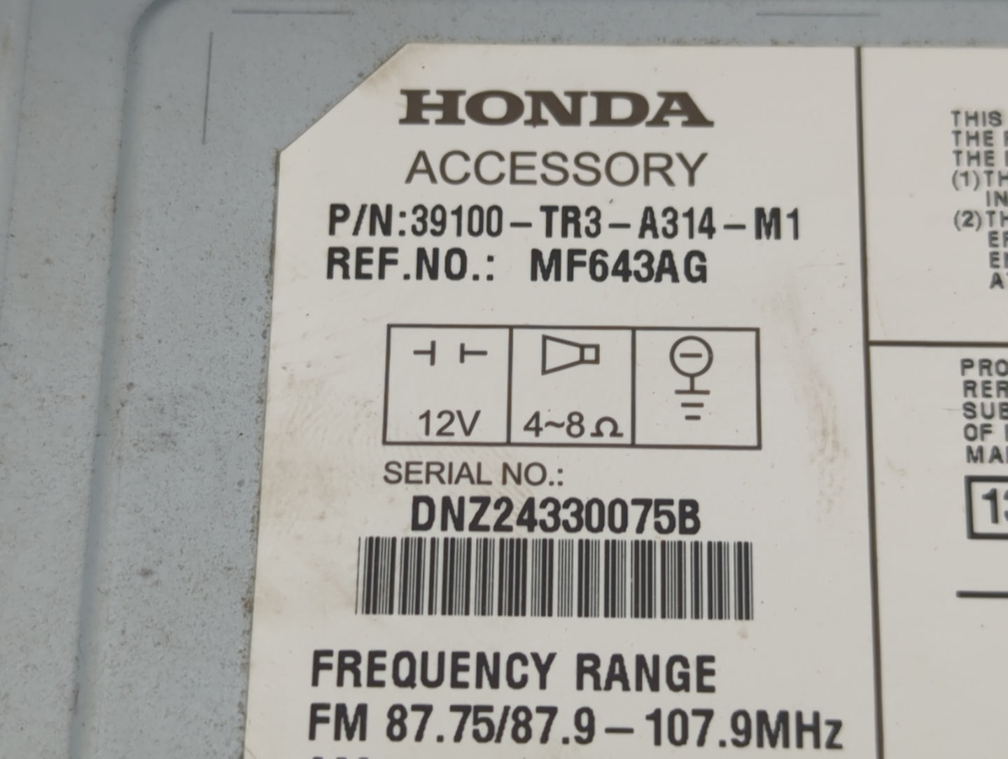 2014-2015 Honda Civic Radio AM FM Cd Player Receiver Replacement P/N:39100-TR3-A314-M1 Fits Fits 2014 2015 OEM Used Auto Par