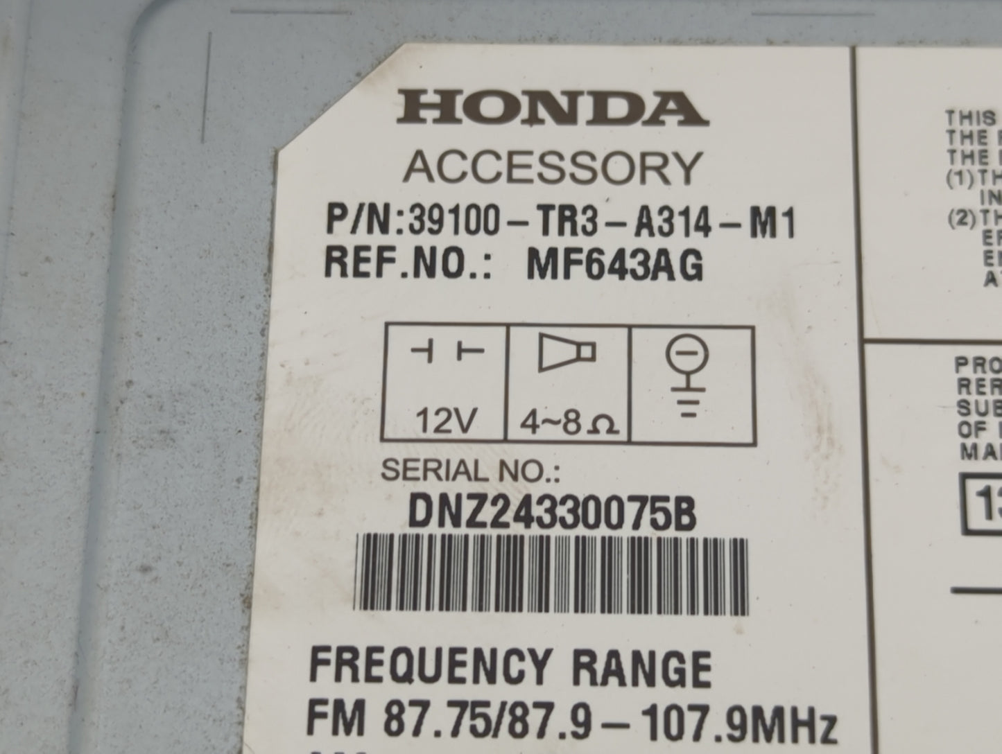 2014-2015 Honda Civic Radio AM FM Cd Player Receiver Replacement P/N:39100-TR3-A314-M1 Fits Fits 2014 2015 OEM Used Auto Par