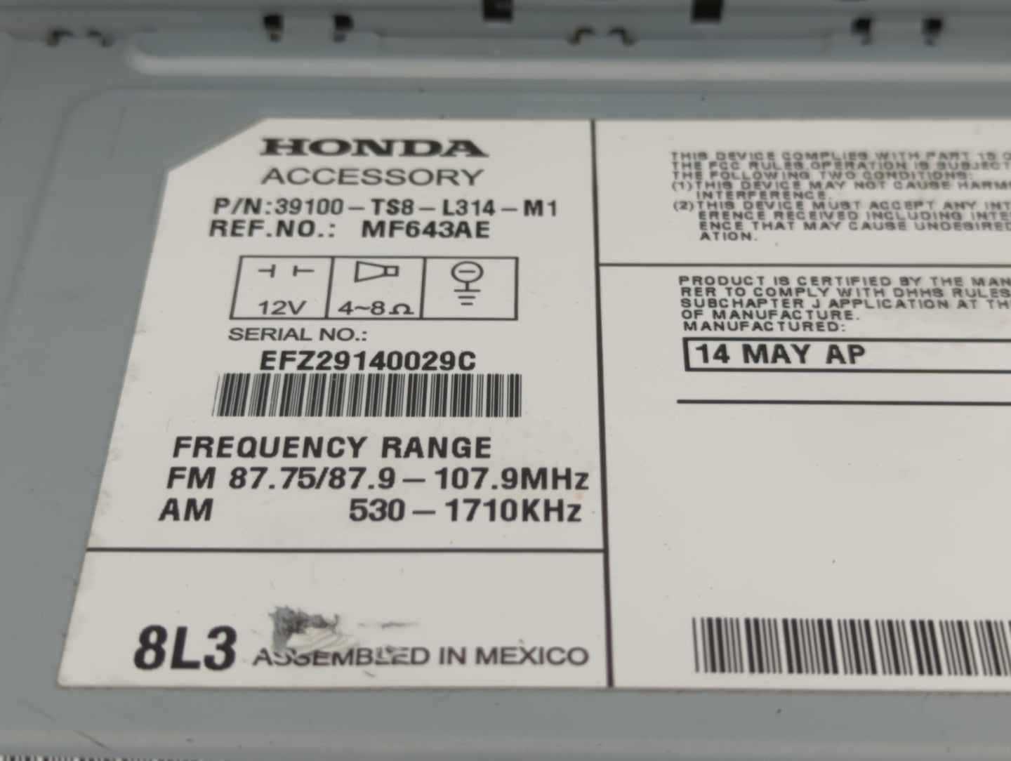 2013-2015 Honda Civic Radio AM FM Cd Player Receiver Replacement P/N:39100-TS8-L314-M1 Fits Fits 2013 2014 2015 OEM Used Aut