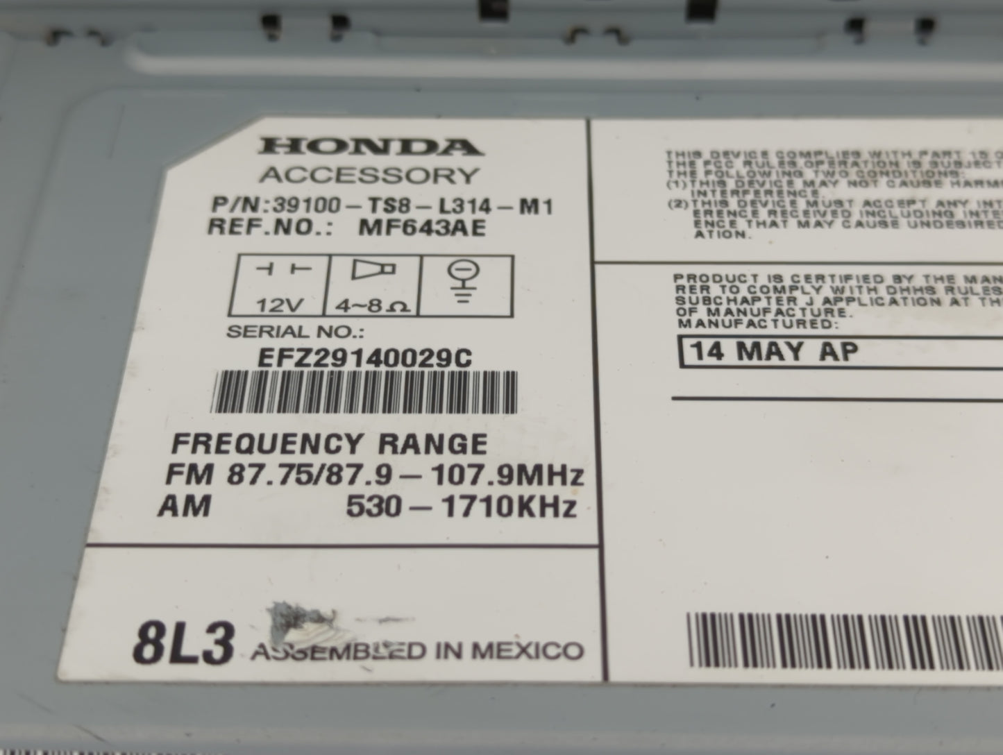 2013-2015 Honda Civic Radio AM FM Cd Player Receiver Replacement P/N:39100-TS8-L314-M1 Fits Fits 2013 2014 2015 OEM Used Aut