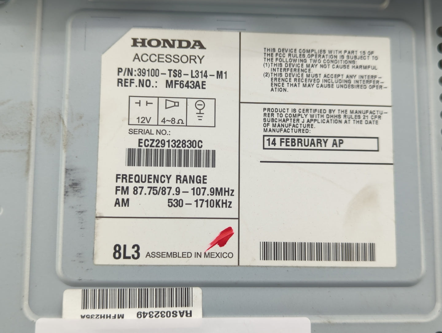 2013-2015 Honda Civic Radio AM FM Cd Player Receiver Replacement P/N:39100-TS8-L314-M1 Fits Fits 2013 2014 2015 OEM Used Aut