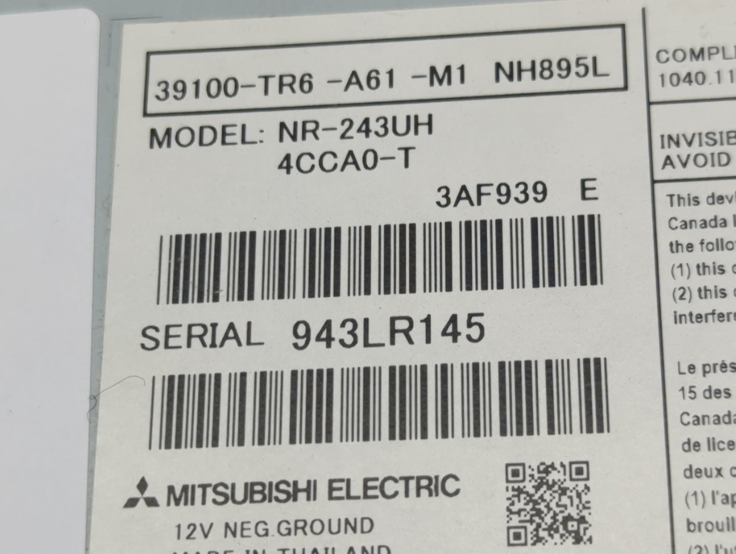 2014-2015 Honda Civic Radio AM FM Cd Player Receiver Replacement P/N:39100-TR6-A61-M1 NR-243UH, 4CCA0-T Fits Fits 2014 2015 
