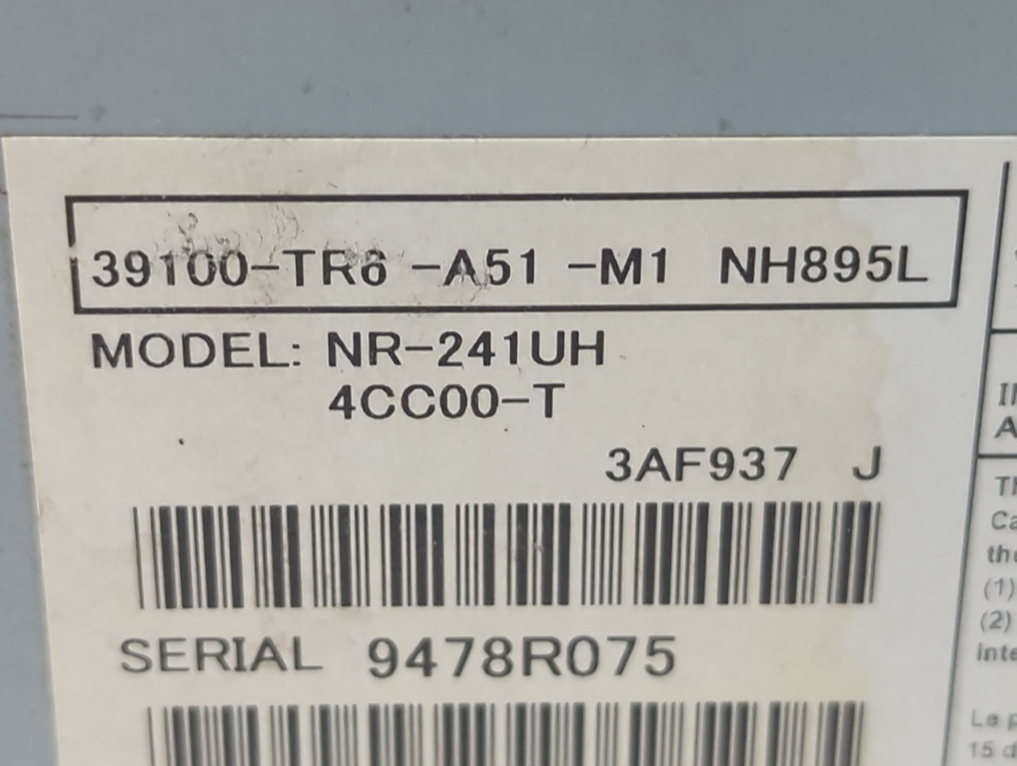 2014-2015 Honda Civic Radio AM FM Cd Player Receiver Replacement P/N:39100-TR6-A61-M1 NR-243UH, 4CCA0-T Fits Fits 2014 2015 