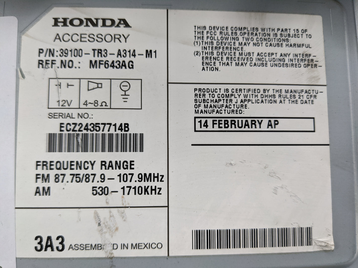 2013-2015 Honda Civic Radio AM FM Cd Player Receiver Replacement P/N:39100-TR3-A314-M1 MF643AG Fits Fits 2013 2014 2015 OEM 