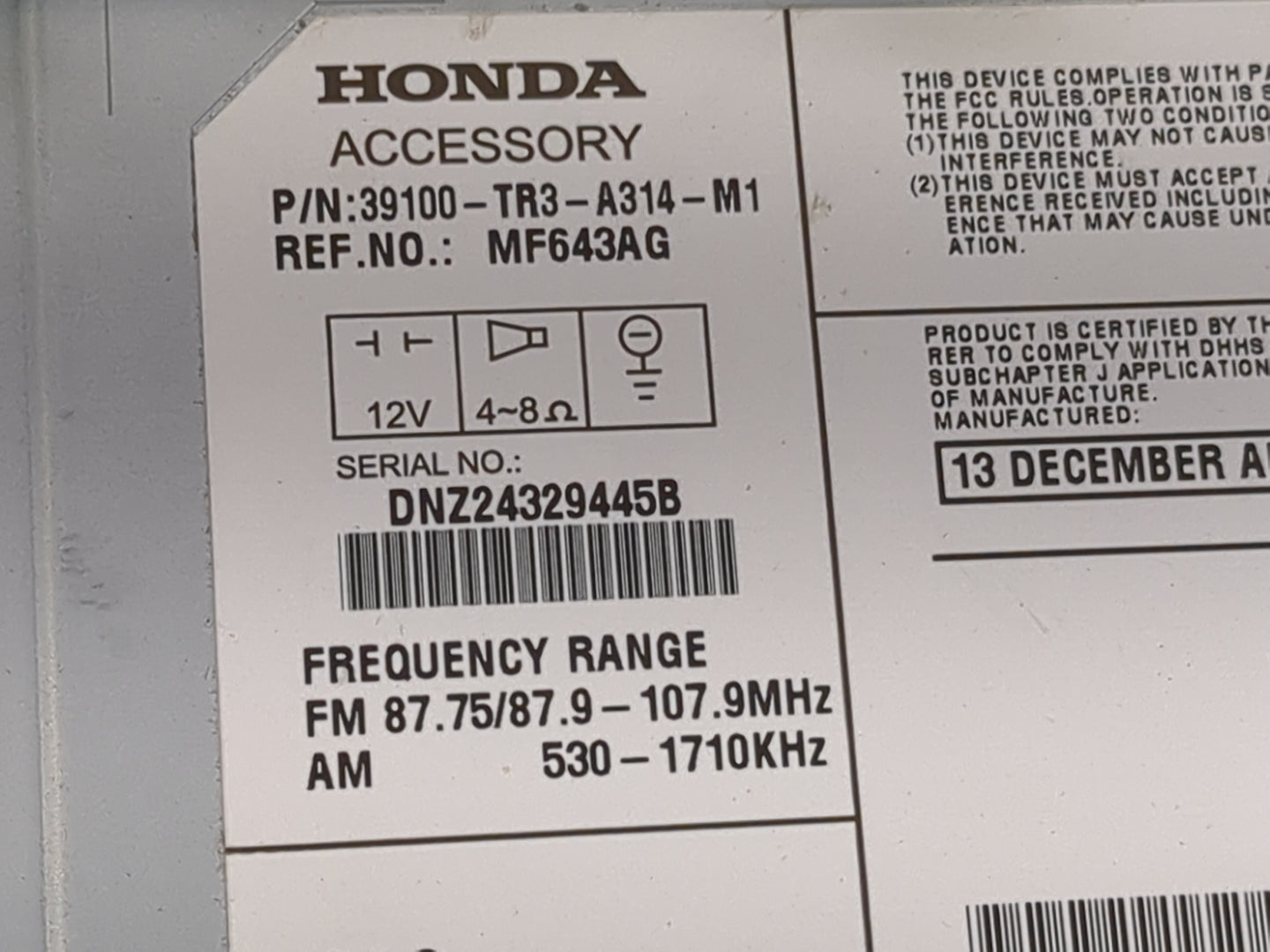 2013-2015 Honda Civic Radio AM FM Cd Player Receiver Replacement P/N:39100-TR3-A314-M1 MF643AG Fits Fits 2013 2014 2015 OEM 