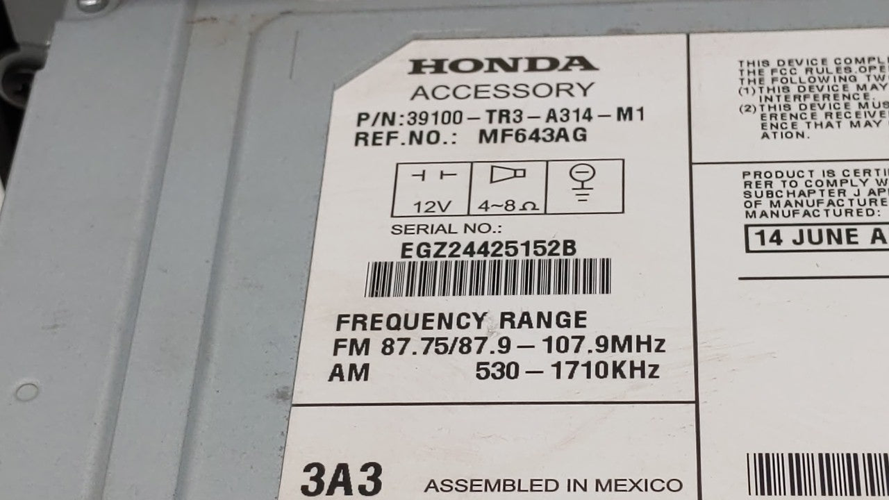 2013-2015 Honda Civic Radio AM FM Cd Player Receiver Replacement P/N:39100-TR3-A314-M1 39100-TS8-L314-M1 Fits Fits 2013 2014