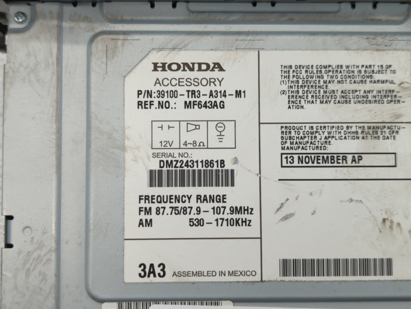 2014-2015 Honda Civic Radio AM FM Cd Player Receiver Replacement P/N:78260-TR3-A020-M1 39100-TR3-A314-M1 Fits Fits 2014 2015