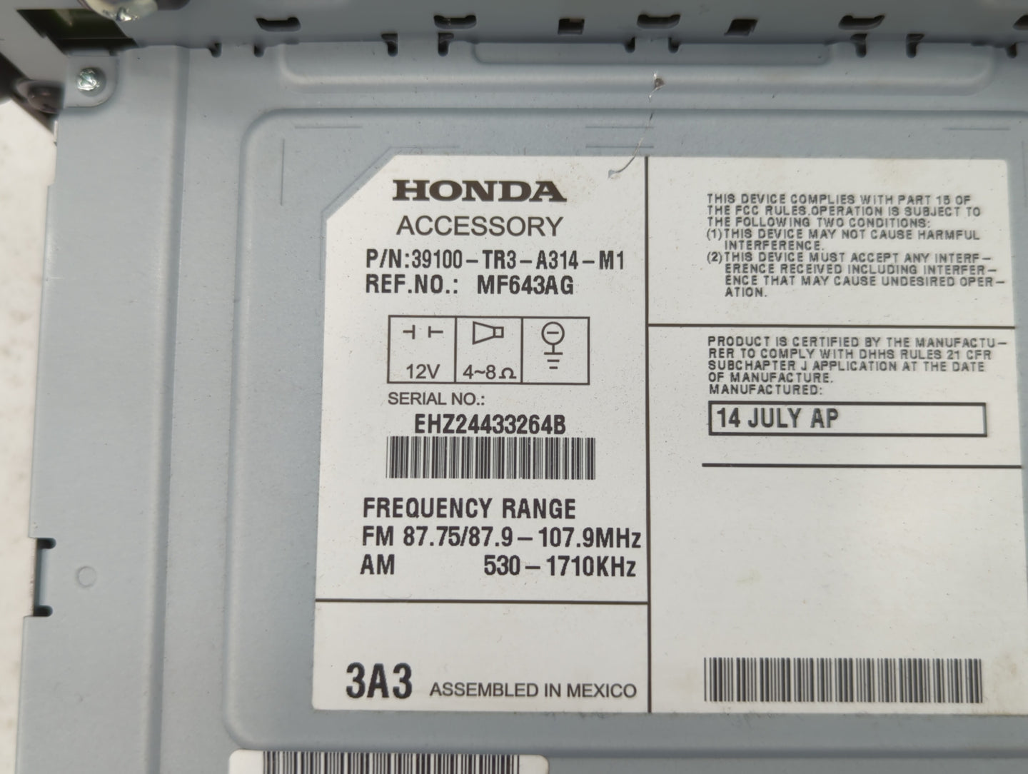 2013-2015 Honda Civic Am Fm Cd Player Radio Receiver - Oemusedautoparts1.com