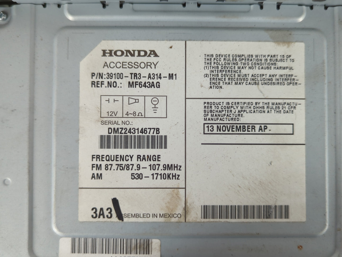 2014-2015 Honda Civic Radio AM FM Cd Player Receiver Replacement P/N:39100-TR3-A314-M1 Fits Fits 2014 2015 OEM Used Auto Par