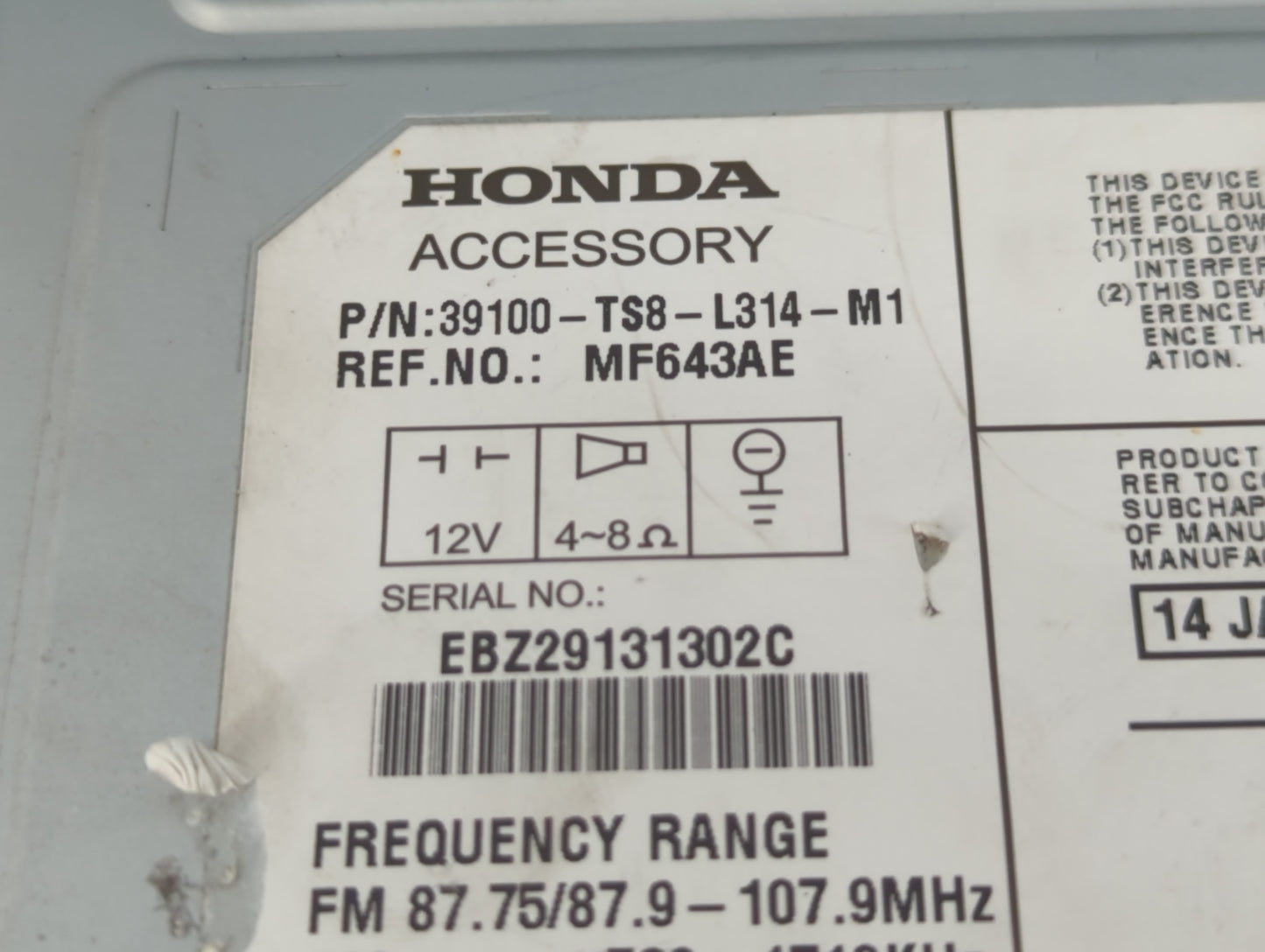 2014-2015 Honda Civic Radio AM FM Cd Player Receiver Replacement P/N:39100-TS8-L314-M1 Fits Fits 2014 2015 OEM Used Auto Par