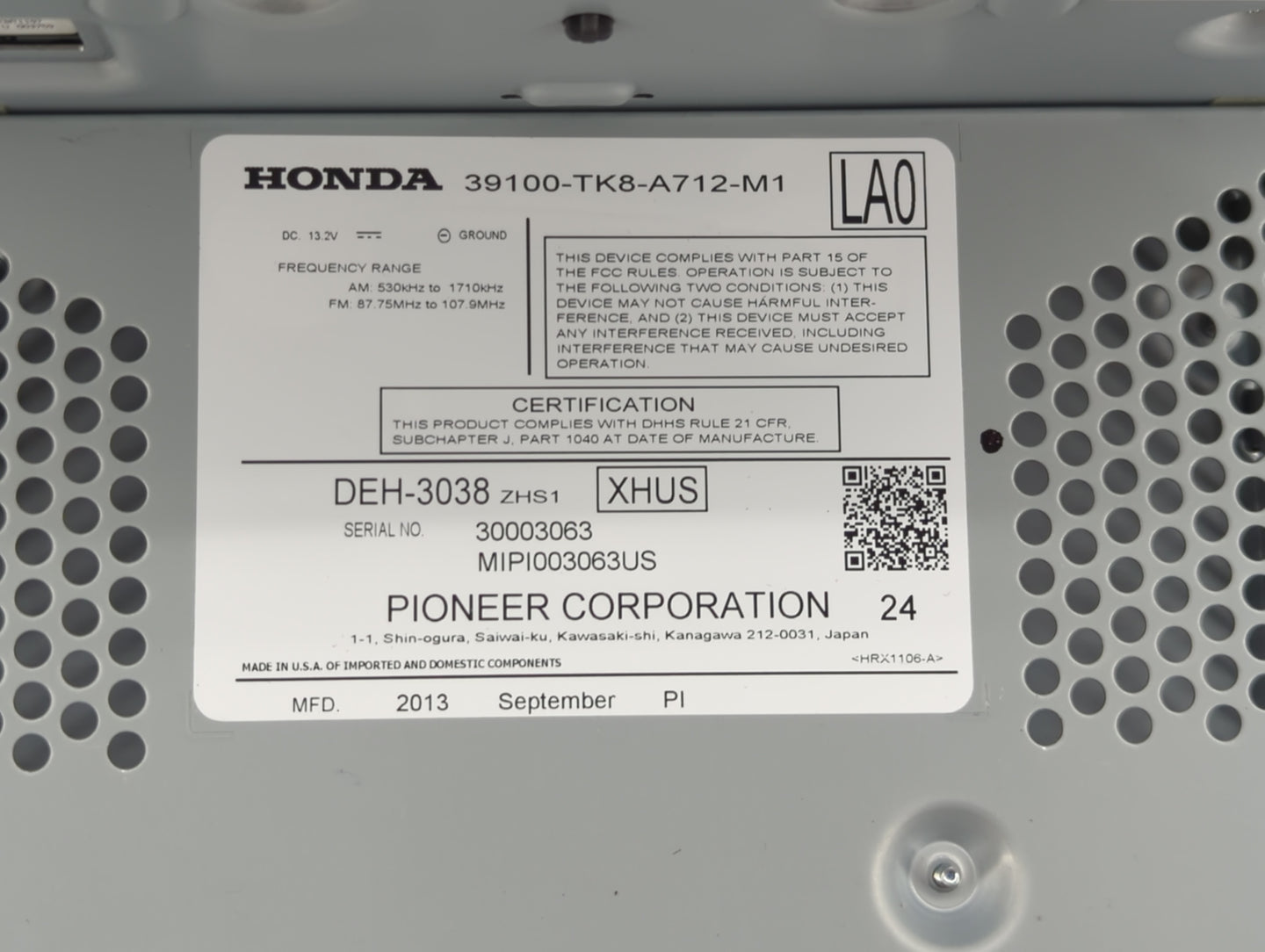 2014-2017 Honda Odyssey Radio AM FM Cd Player Receiver Replacement P/N:39100-TK8-A712-M1 Fits Fits 2014 2015 2016 2017 OEM U