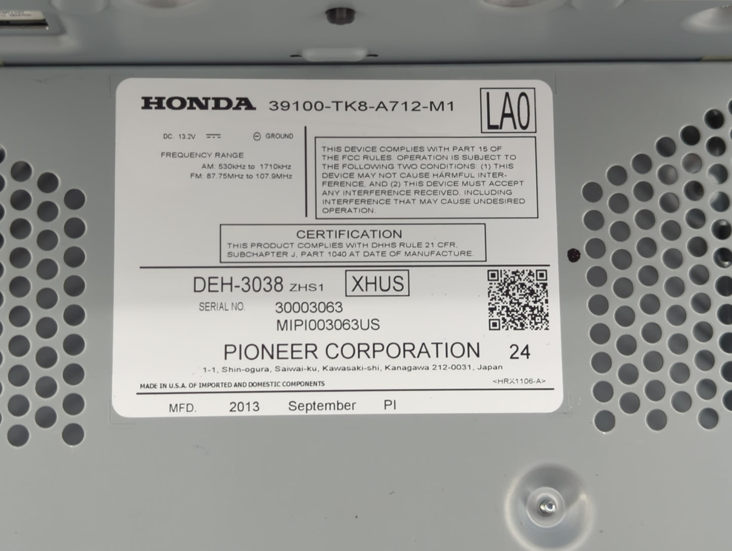 2014-2017 Honda Odyssey Radio AM FM Cd Player Receiver Replacement P/N:39100-TK8-A712-M1 Fits Fits 2014 2015 2016 2017 OEM U