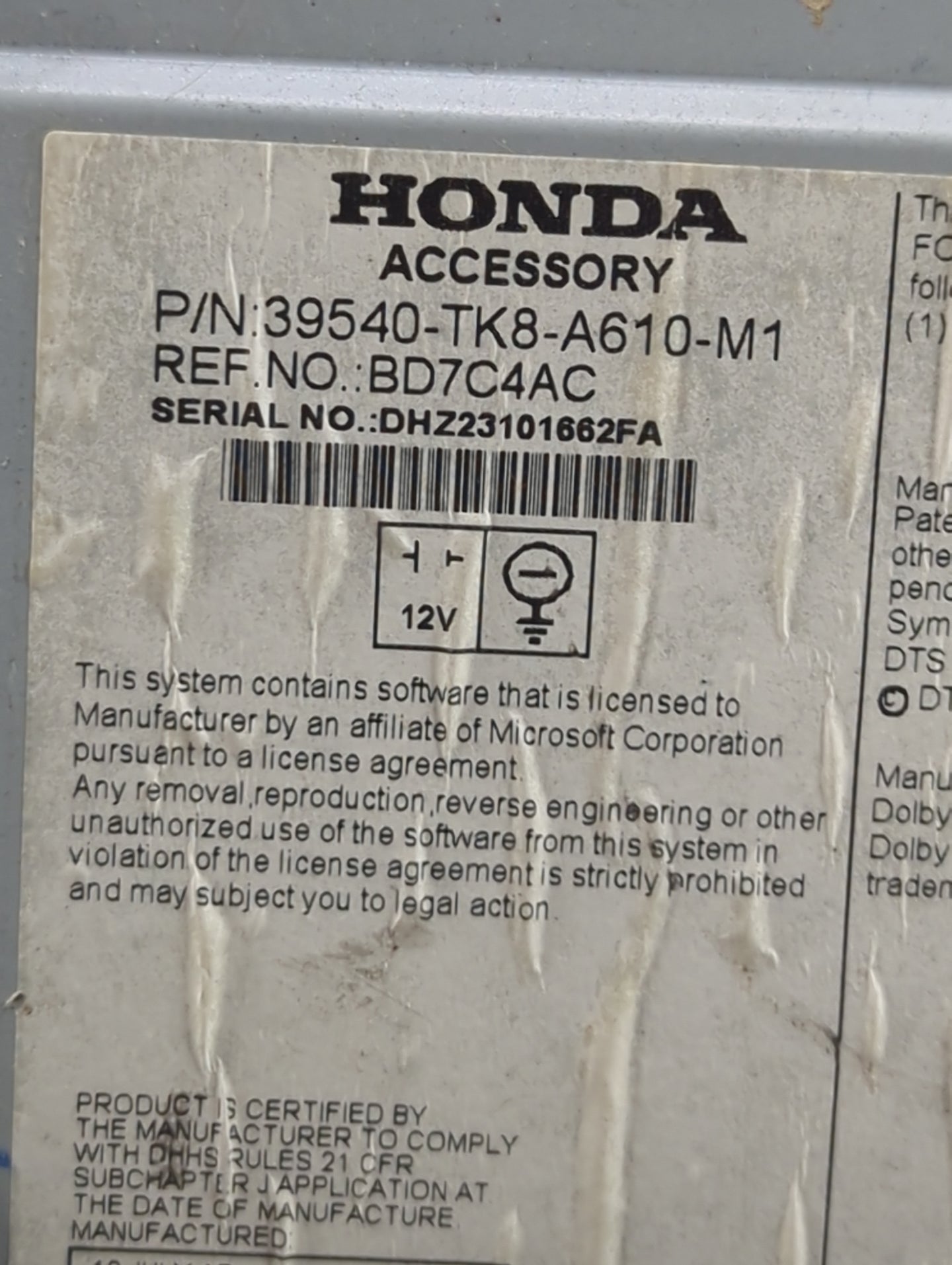 2014-2017 Honda Odyssey Radio AM FM Cd Player Receiver Replacement P/N:39540-TK8-A610-M1 BD7C4AC Fits Fits 2014 2015 2016 20
