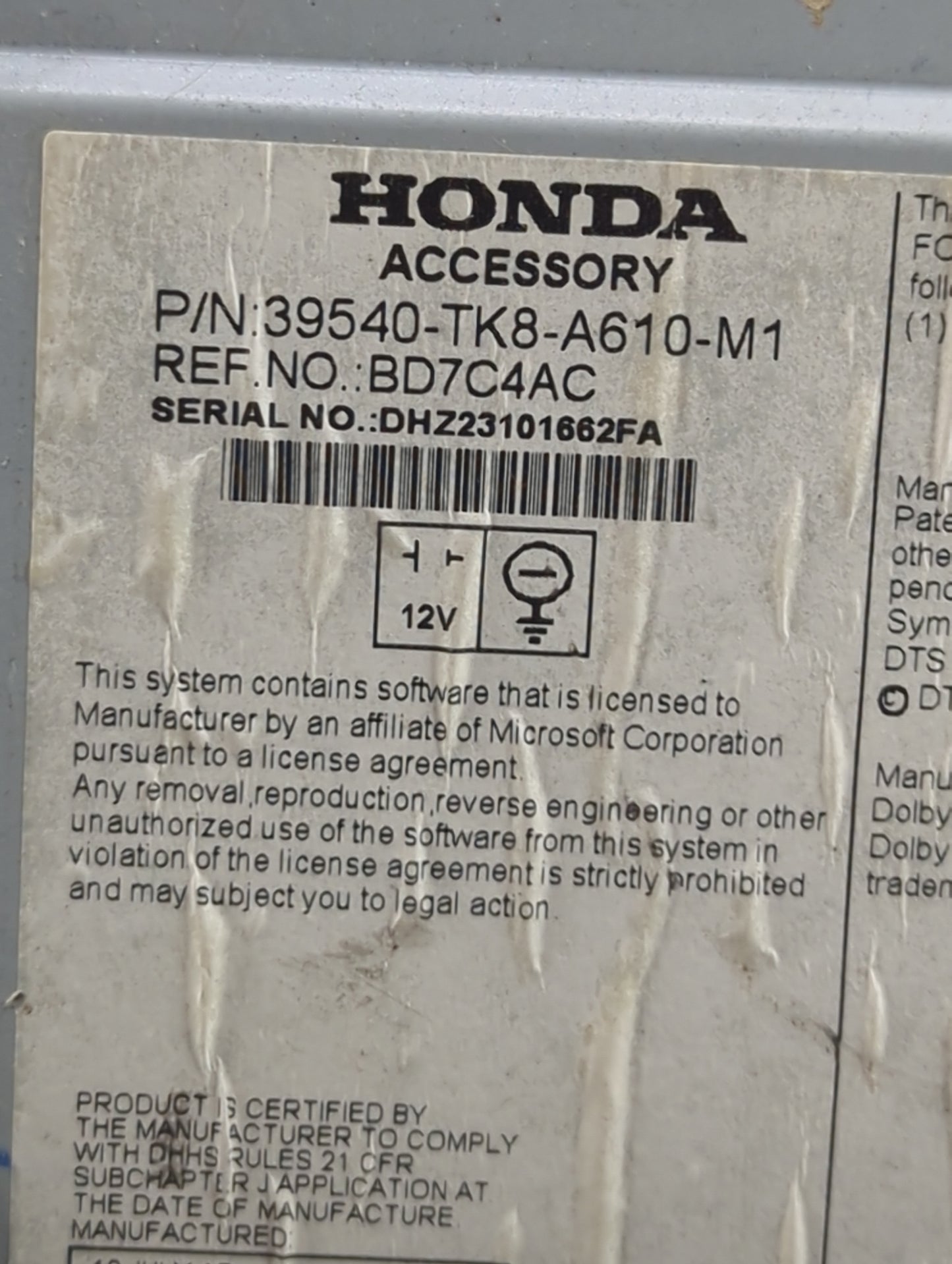 2014-2017 Honda Odyssey Radio AM FM Cd Player Receiver Replacement P/N:39540-TK8-A610-M1 BD7C4AC Fits Fits 2014 2015 2016 20