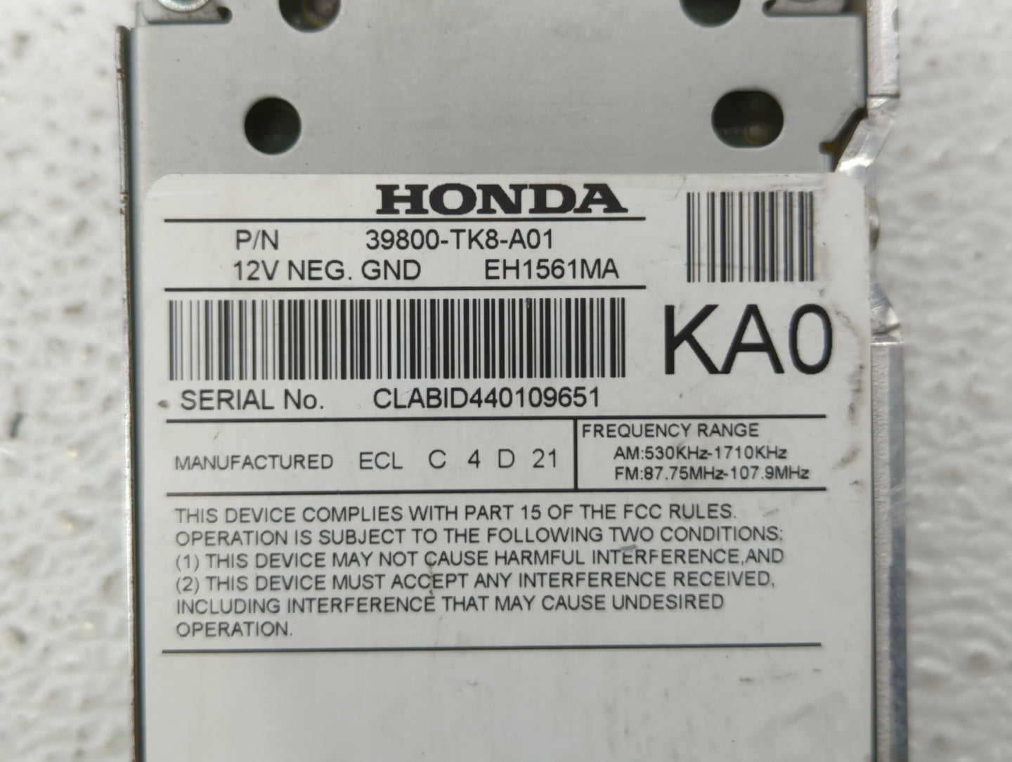2014-2017 Honda Odyssey Radio AM FM Cd Player Receiver Replacement P/N:3800-tk8-a01 Fits Fits 2014 2015 2016 2017 OEM Used A