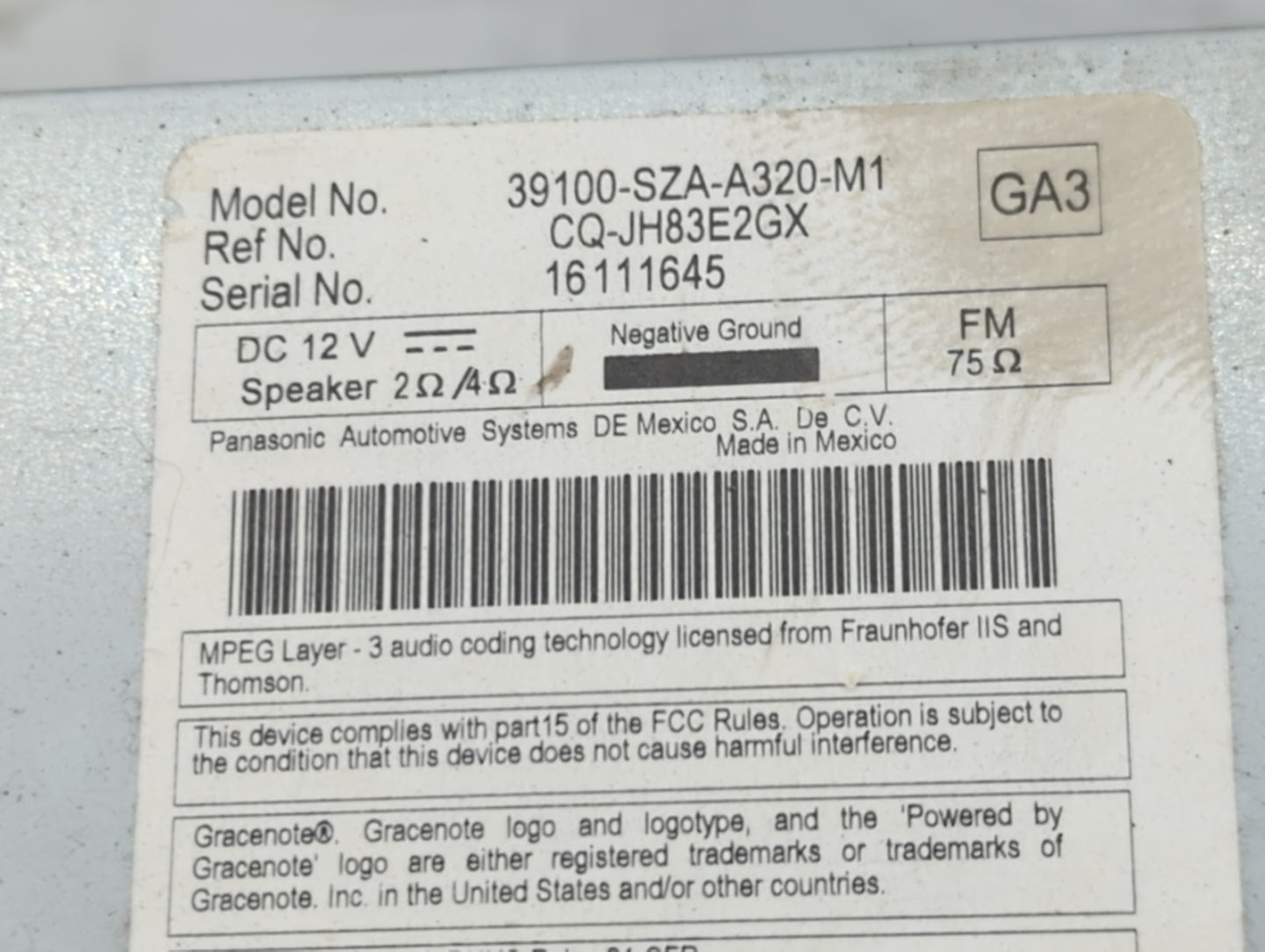 2012-2015 Honda Pilot Radio AM FM Cd Player Receiver Replacement P/N:39100-SZA-A320-M1 Fits Fits 2012 2013 2014 2015 OEM Use