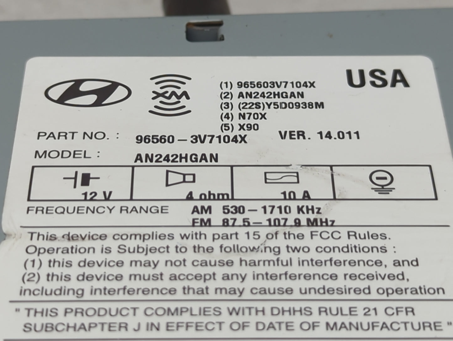 2014 Hyundai Azera Radio AM FM Cd Player Receiver Replacement P/N:96560-3V7104X Fits OEM Used Auto Parts - Oemusedautoparts1