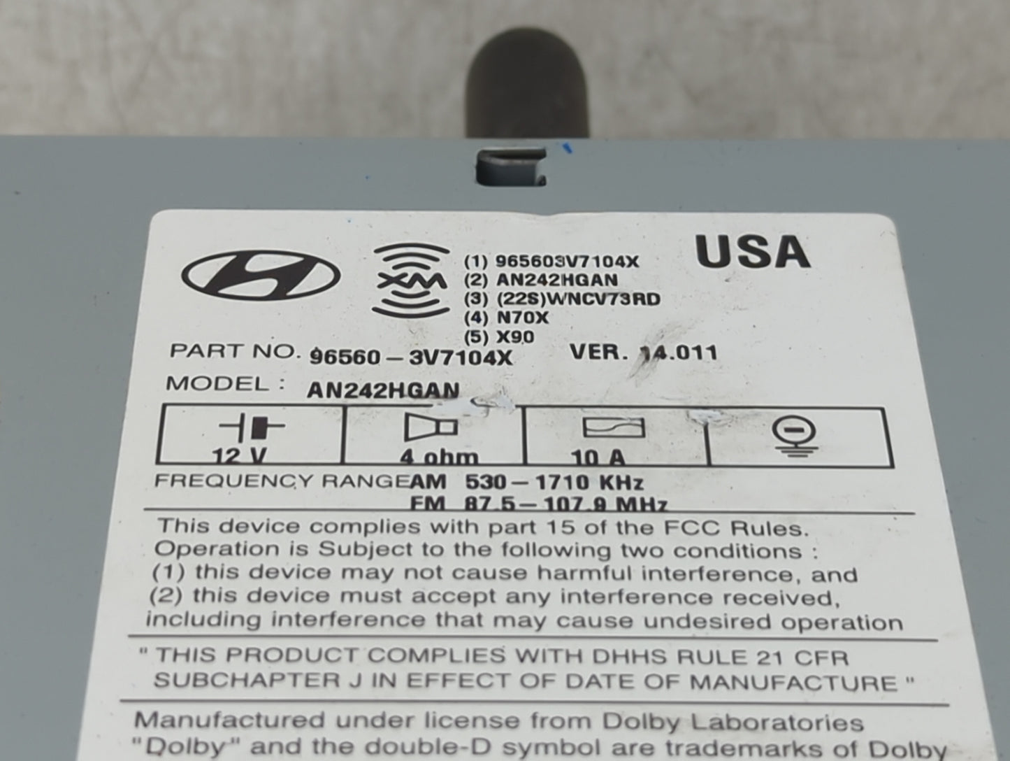 2014 Hyundai Azera Radio AM FM Cd Player Receiver Replacement P/N:96560-3V7104X AN242HGAN Fits OEM Used Auto Parts - Oemused