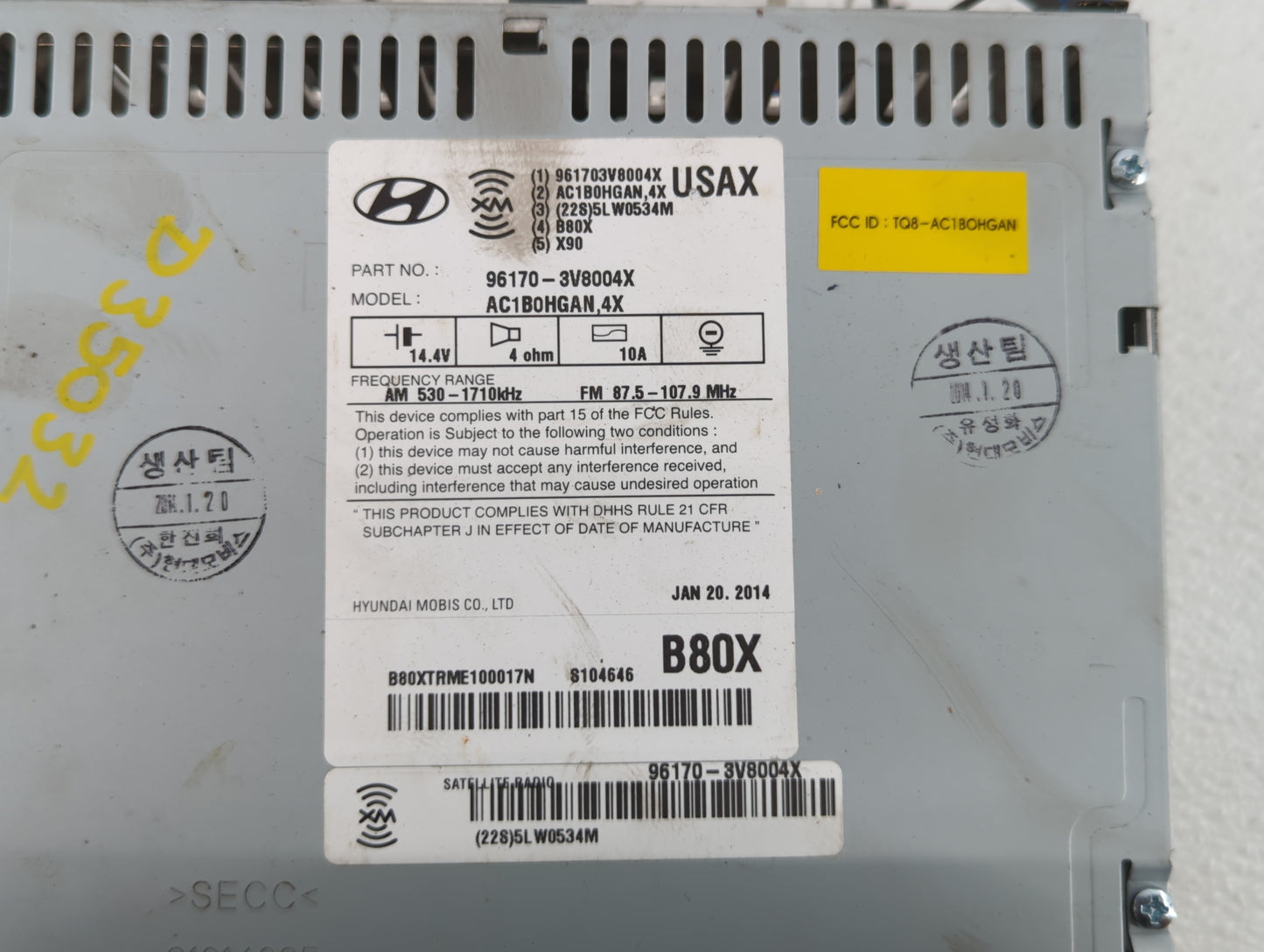 2012-2014 Hyundai Azera Radio AM FM Cd Player Receiver Replacement P/N:96170-3V8004X Fits Fits 2012 2013 2014 OEM Used Auto 