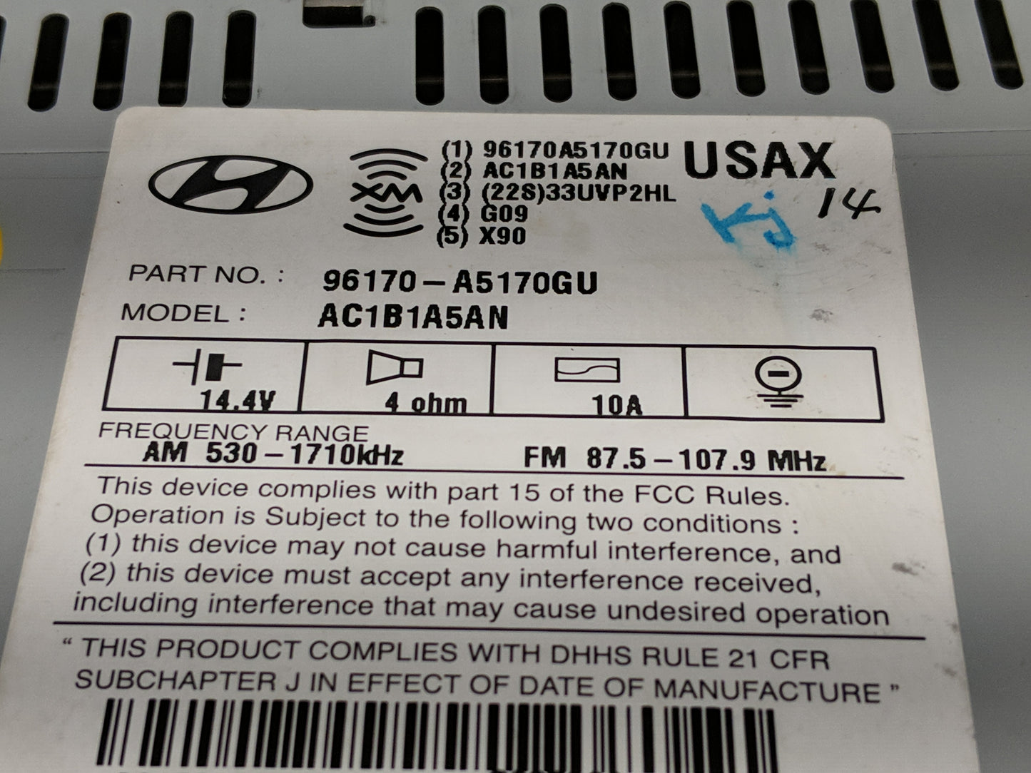 2013-2015 Hyundai Elantra Radio AM FM Cd Player Receiver Replacement P/N:96170-A5170GU Fits Fits 2013 2014 2015 OEM Used Aut