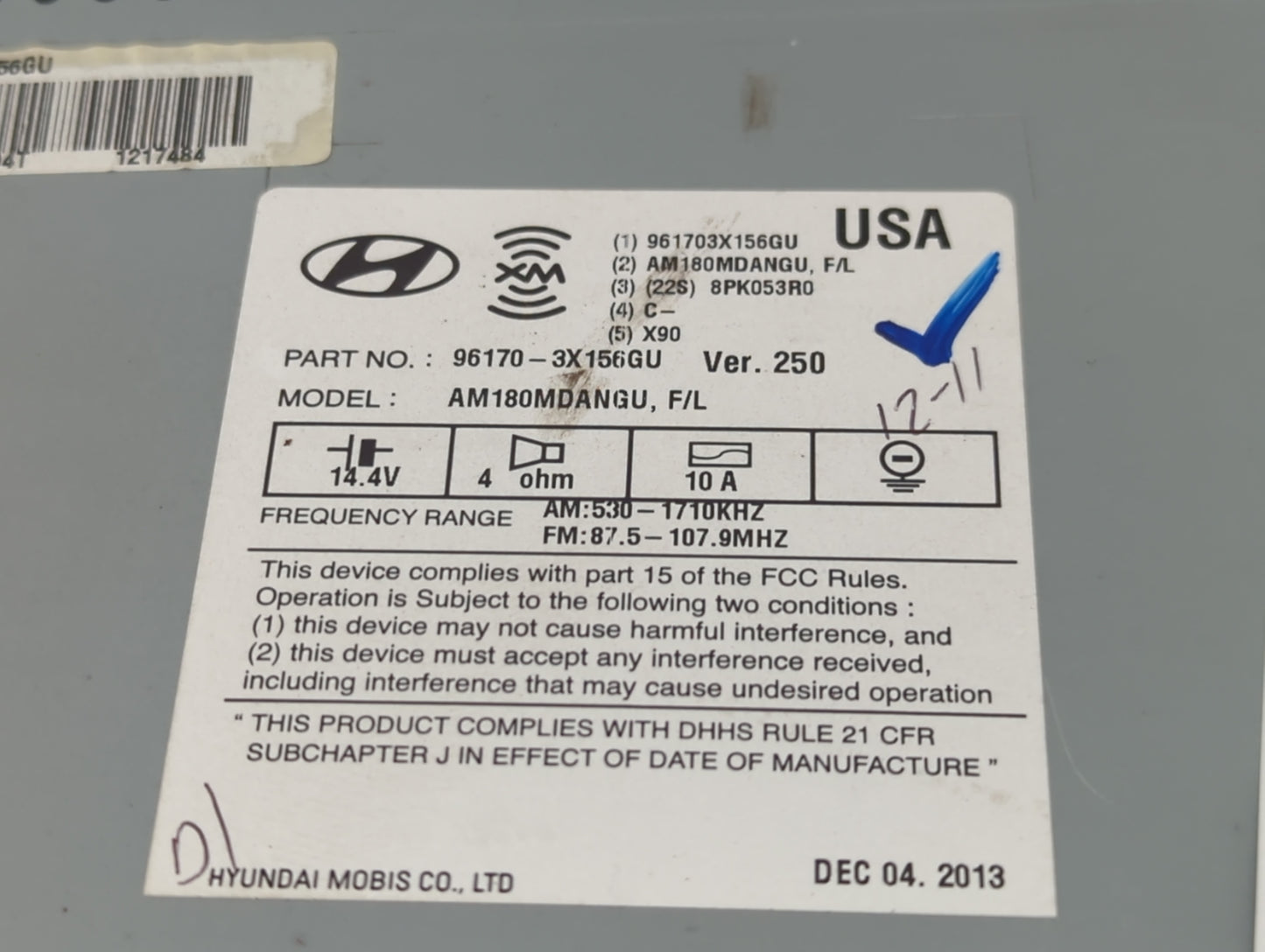 2014-2015 Hyundai Elantra Radio AM FM Cd Player Receiver Replacement P/N:96170-3X156GU Fits Fits 2014 2015 OEM Used Auto Par