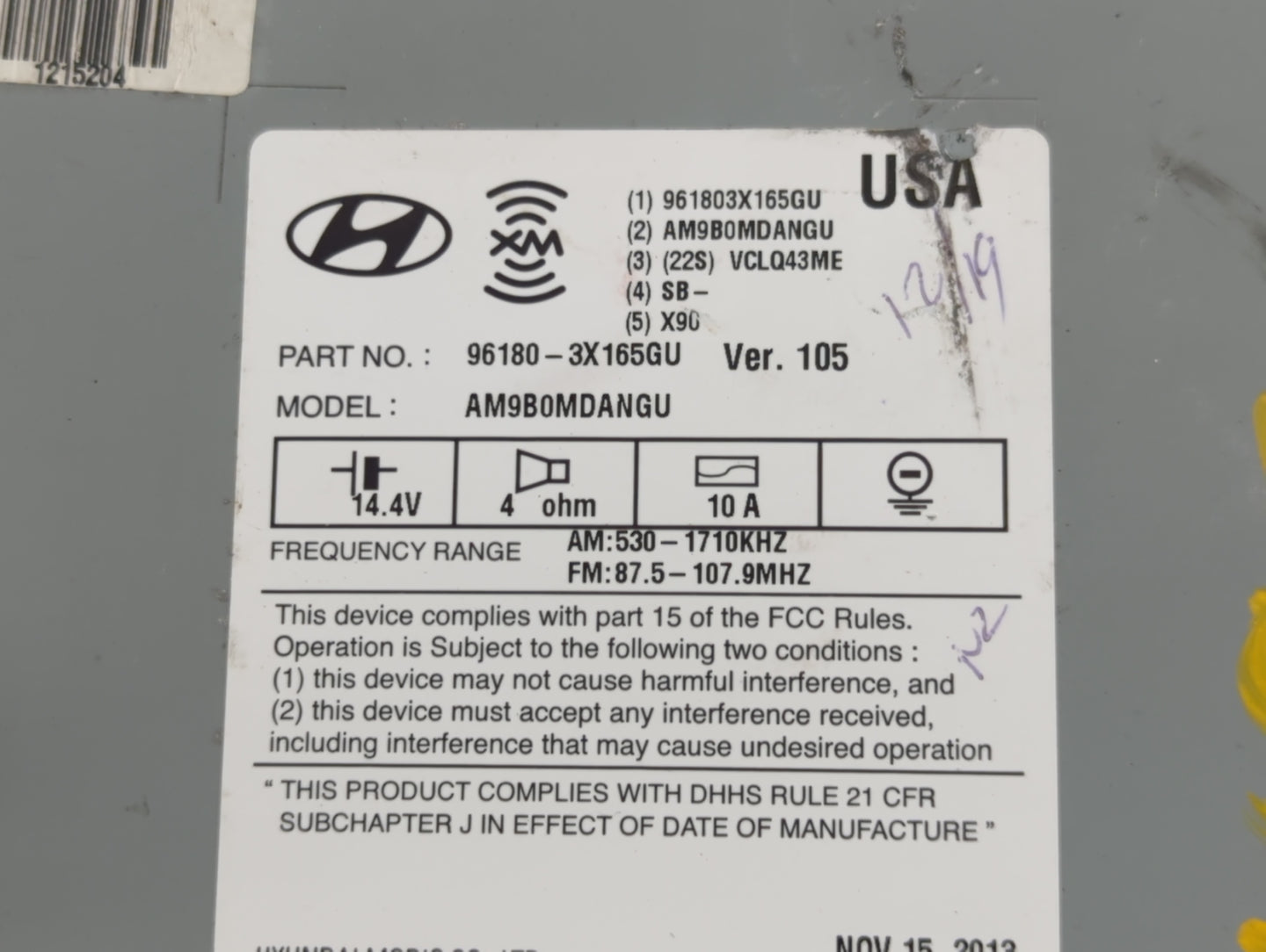 2014-2016 Hyundai Elantra Radio AM FM Cd Player Receiver Replacement P/N:96180-3X165GU Fits Fits 2014 2015 2016 OEM Used Aut