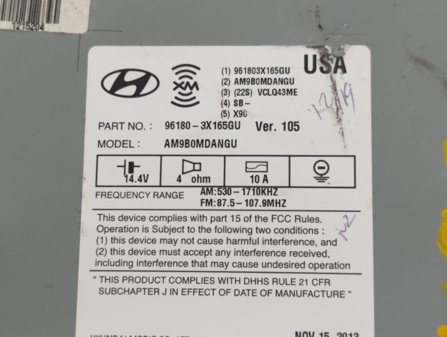2014-2016 Hyundai Elantra Radio AM FM Cd Player Receiver Replacement P/N:96180-3X165GU Fits Fits 2014 2015 2016 OEM Used Aut