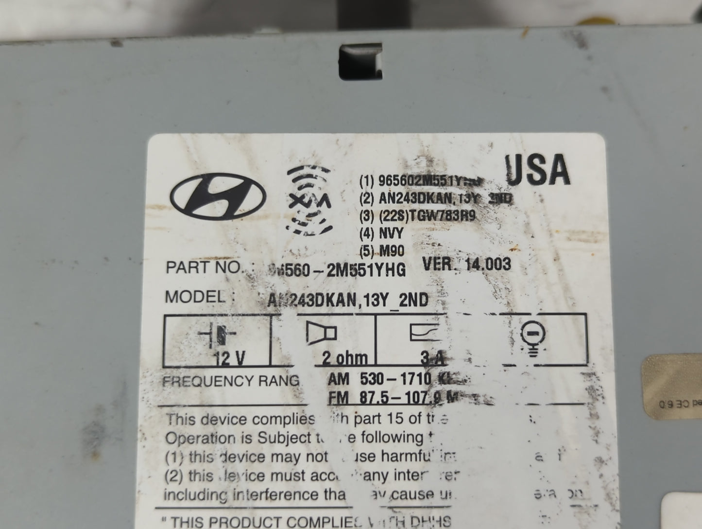 2014-2015 Hyundai Genesis Radio AM FM Cd Player Receiver Replacement P/N:96560-2M551YHG Fits Fits 2014 2015 OEM Used Auto Pa