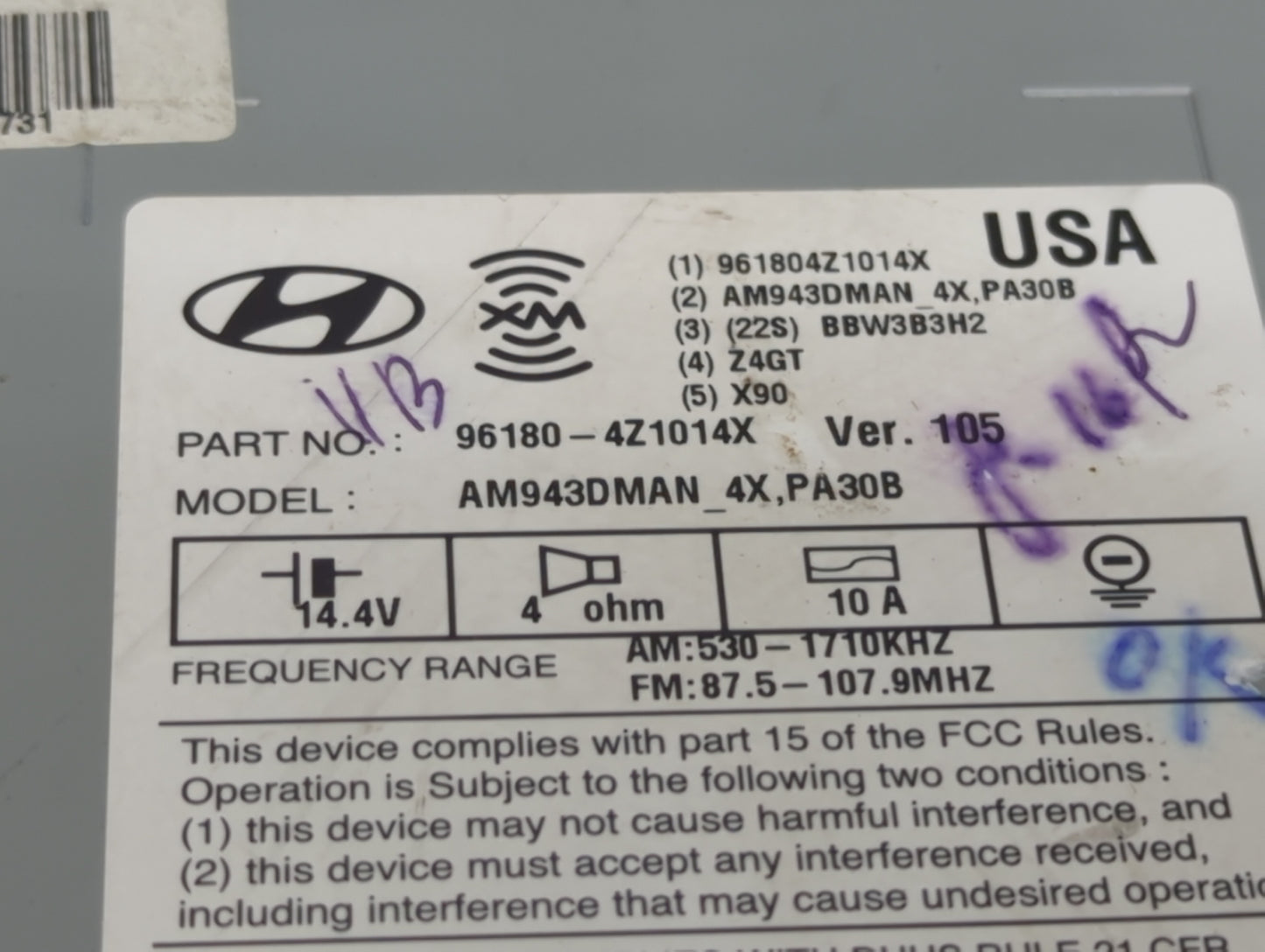 2013-2014 Hyundai Santa Fe Radio AM FM Cd Player Receiver Replacement P/N:961804Z1014X AM943DMAN_4X,PA30B Fits Fits 2013 201