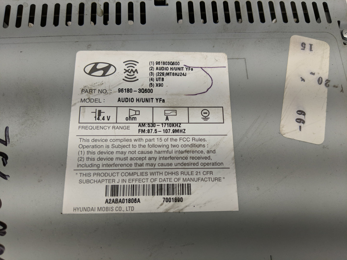 2012-2015 Hyundai Sonata Radio AM FM Cd Player Receiver Replacement P/N:96180-3Q600 Fits Fits 2012 2013 2014 2015 OEM Used A