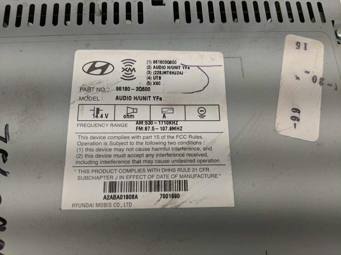 2012-2015 Hyundai Sonata Radio AM FM Cd Player Receiver Replacement P/N:96180-3Q600 Fits Fits 2012 2013 2014 2015 OEM Used A